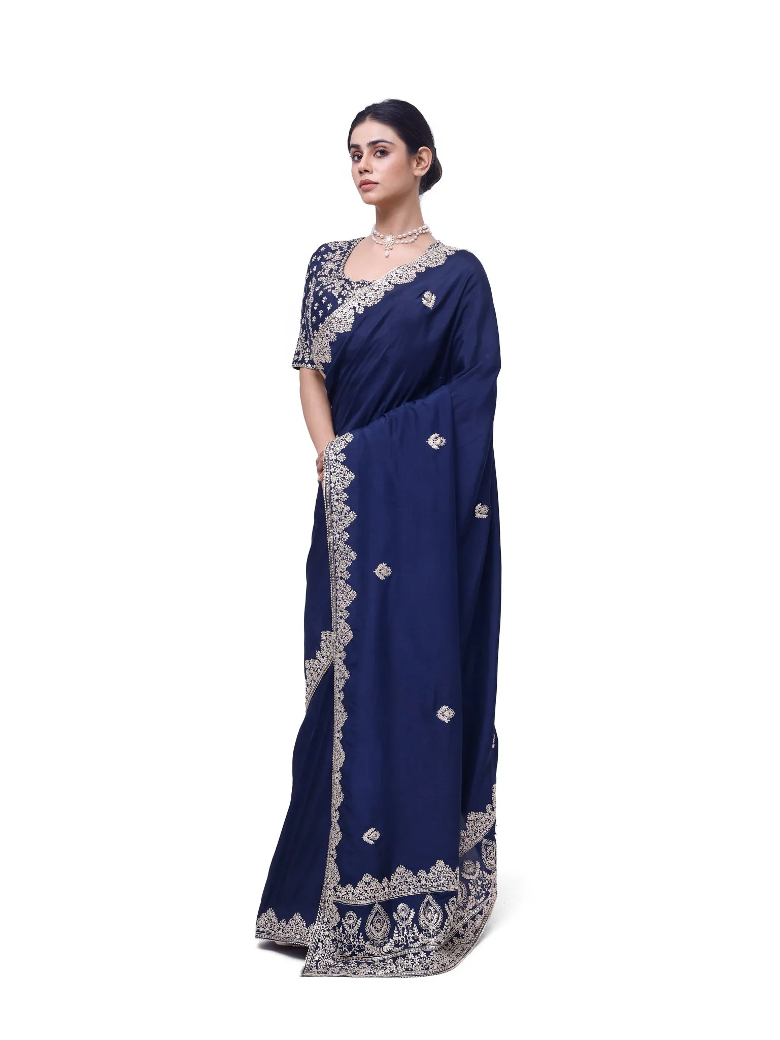 92A140 Navy Blue Embroidered Zari Silk Saree With Blouse