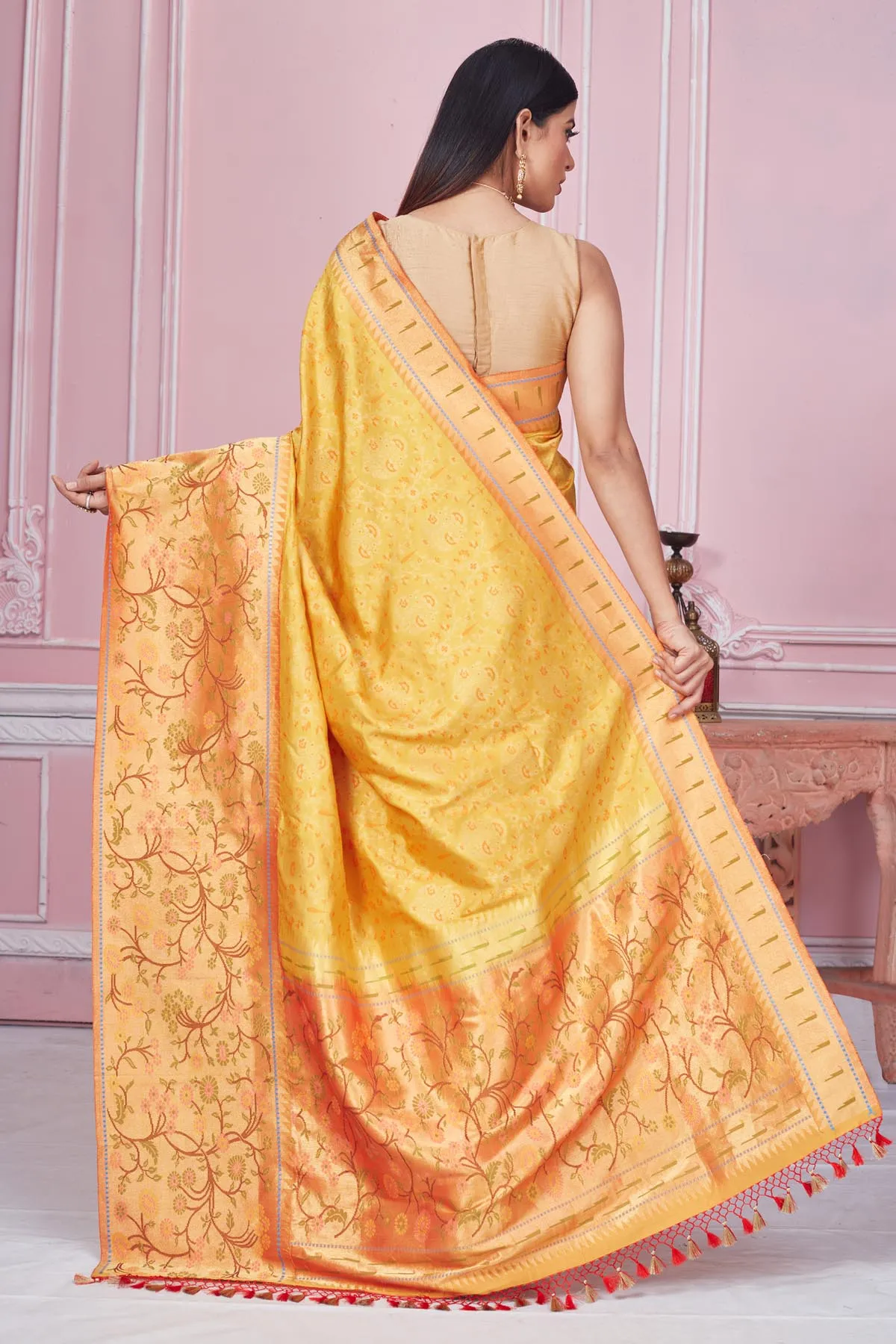 92A187 Mustard Banarasi Saree With Golden Zari Border