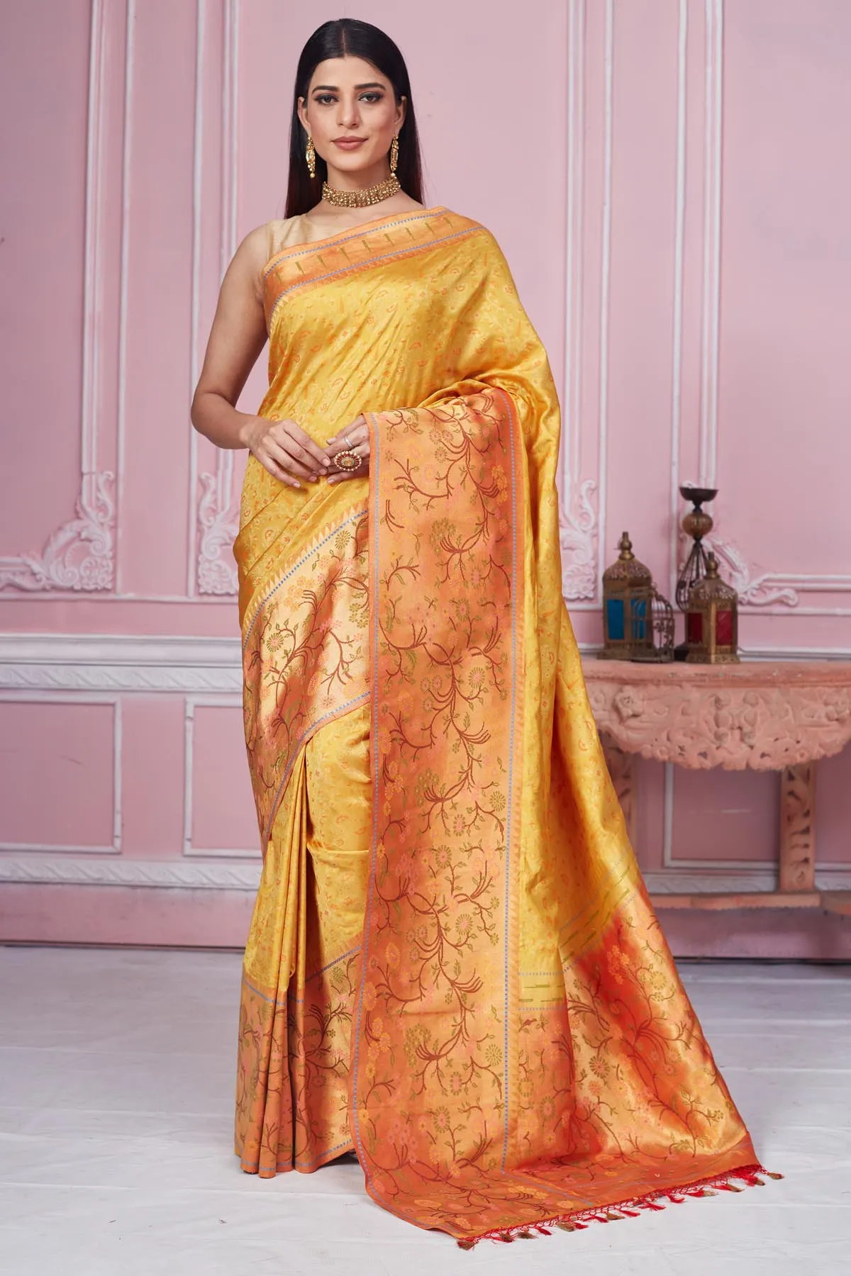 92A187 Mustard Banarasi Saree With Golden Zari Border