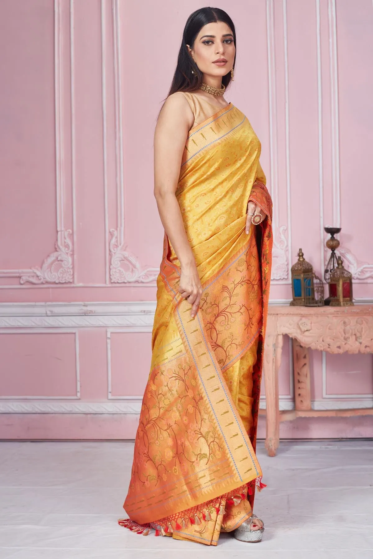 92A187 Mustard Banarasi Saree With Golden Zari Border