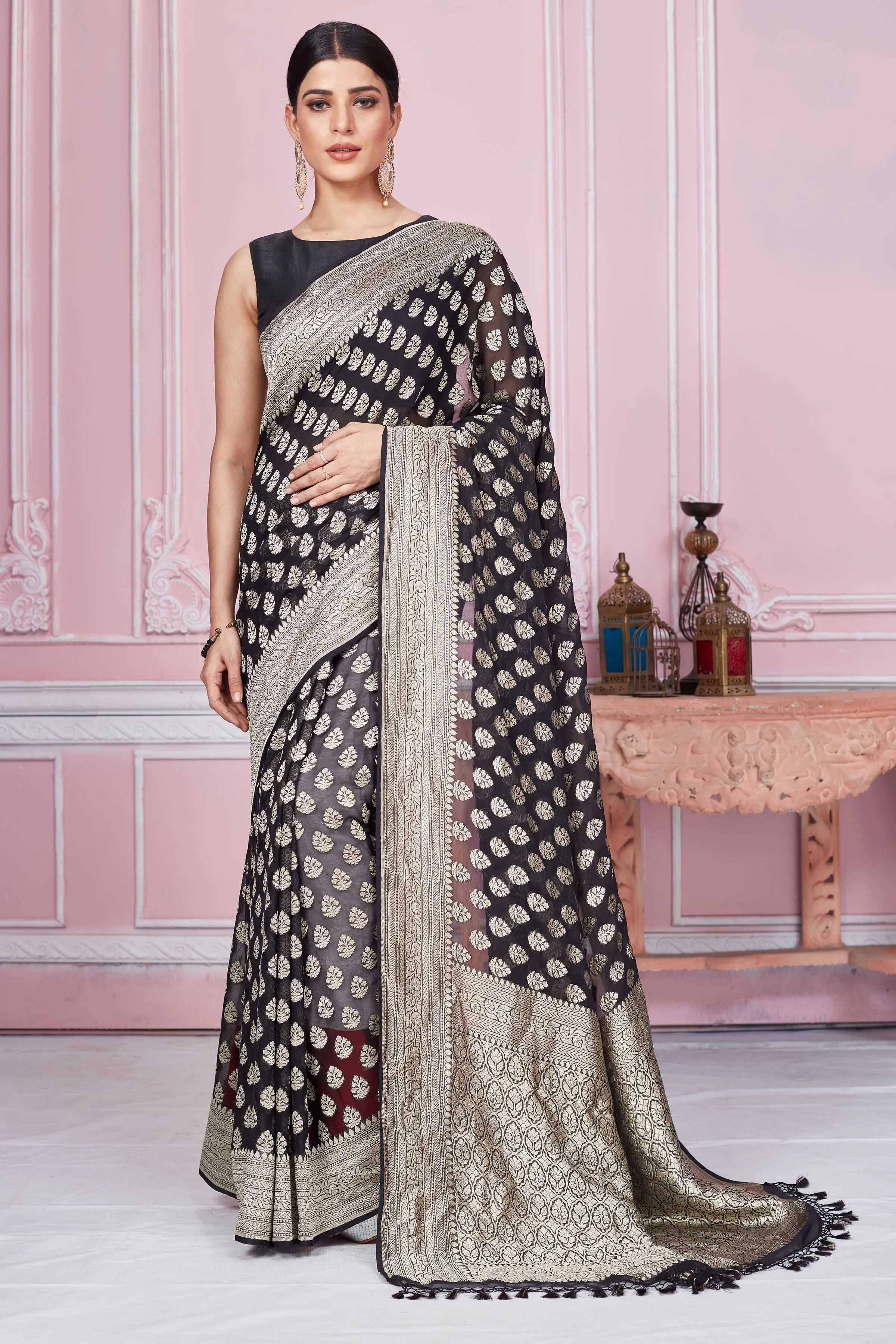 92A247 Black Banarasi Saree With Silver Zari Buta And Border