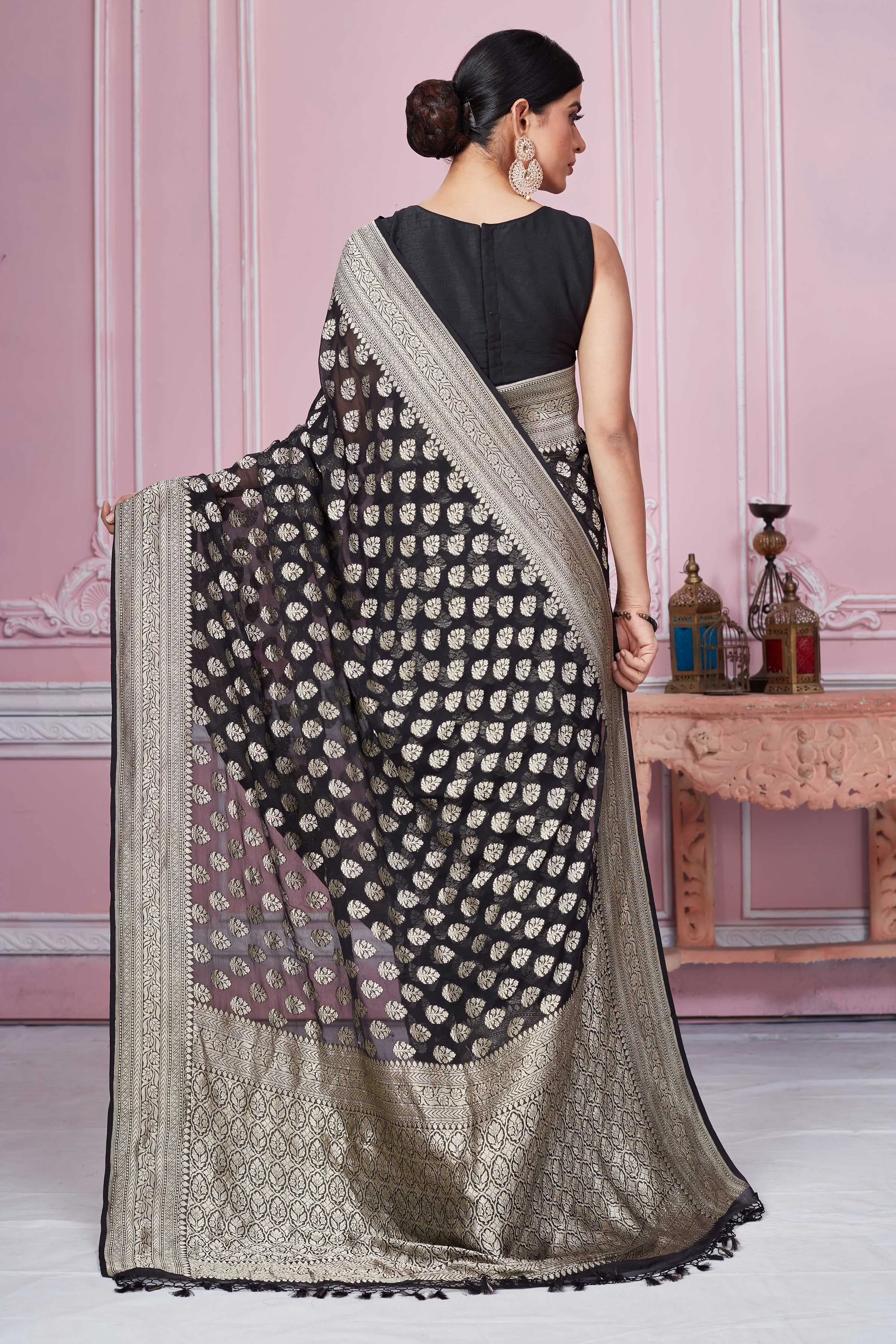 92A247 Black Banarasi Saree With Silver Zari Buta And Border