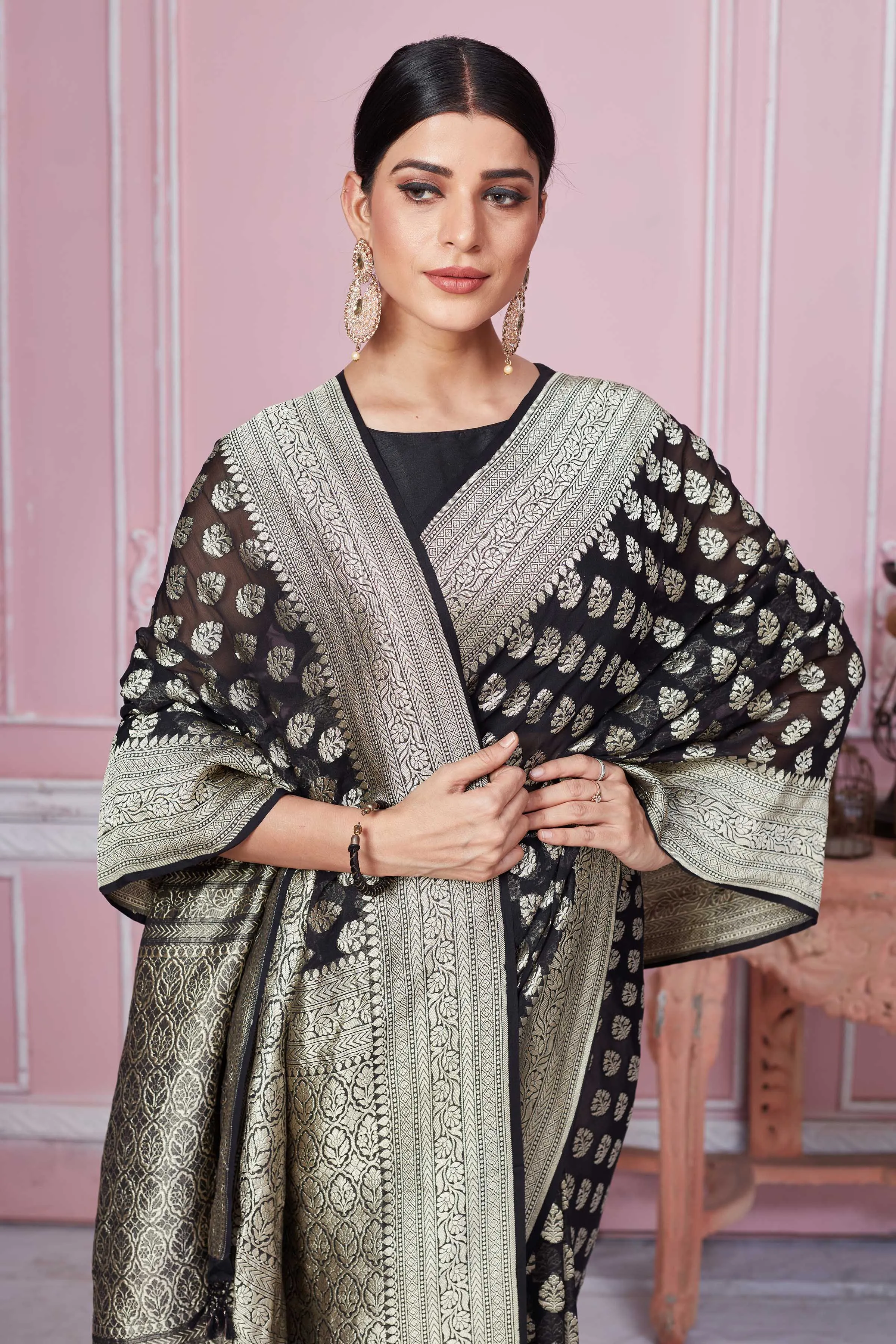 92A247 Black Banarasi Saree With Silver Zari Buta And Border