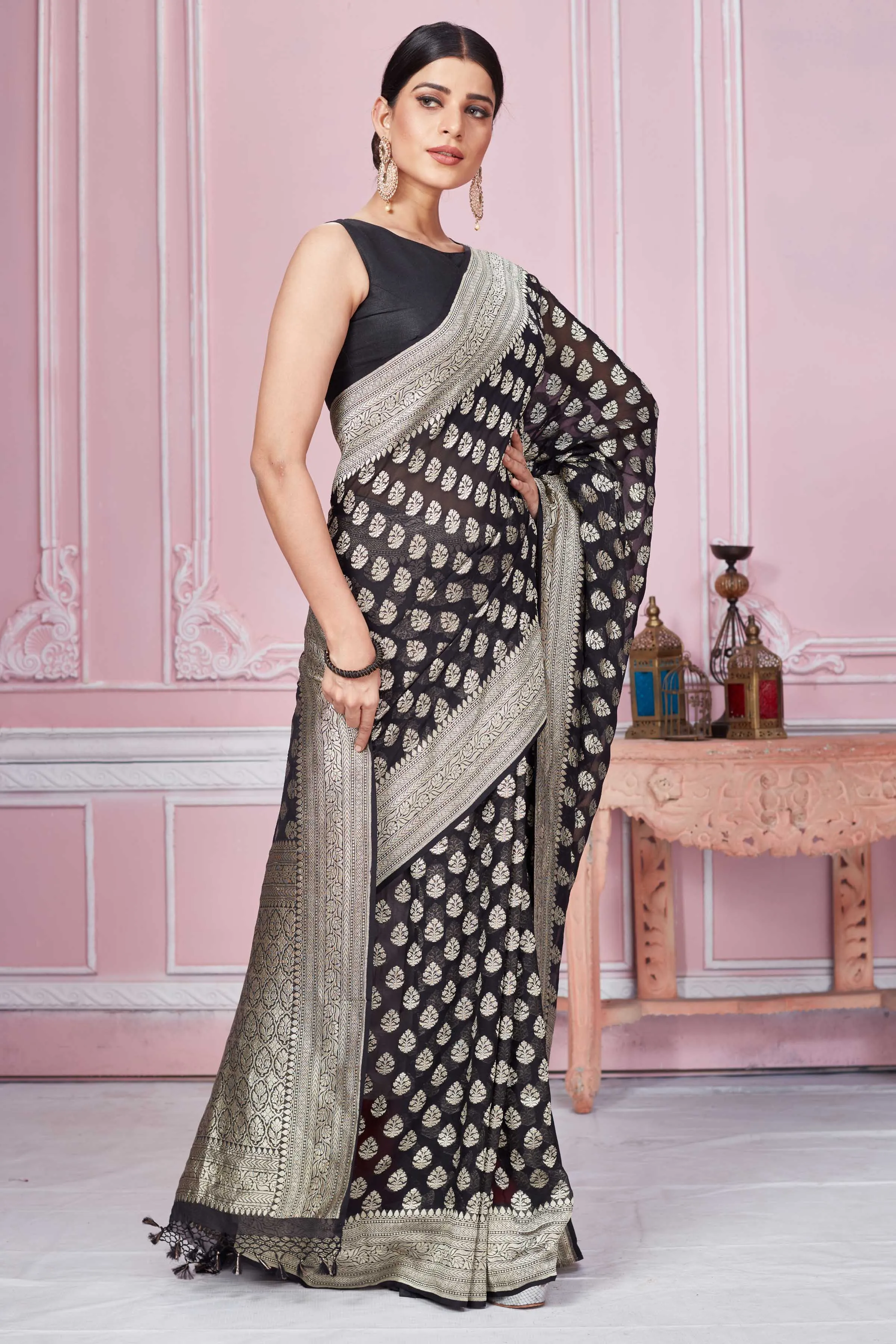 92A247 Black Banarasi Saree With Silver Zari Buta And Border