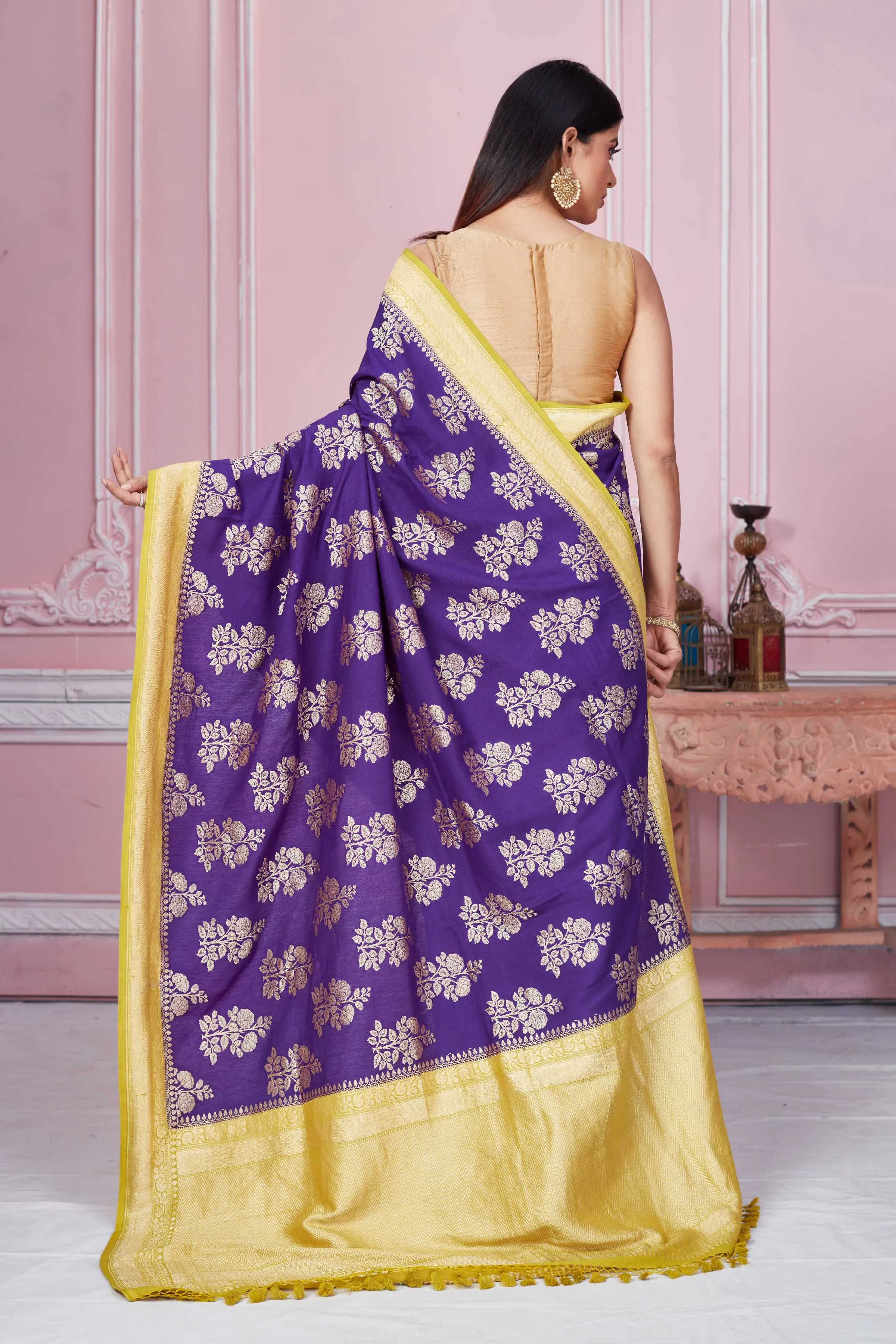 92A255 Purple Banarasi Sari With Floral Zari Motifs And Yellow Border