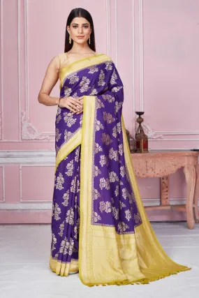 92A255 Purple Banarasi Sari With Floral Zari Motifs And Yellow Border