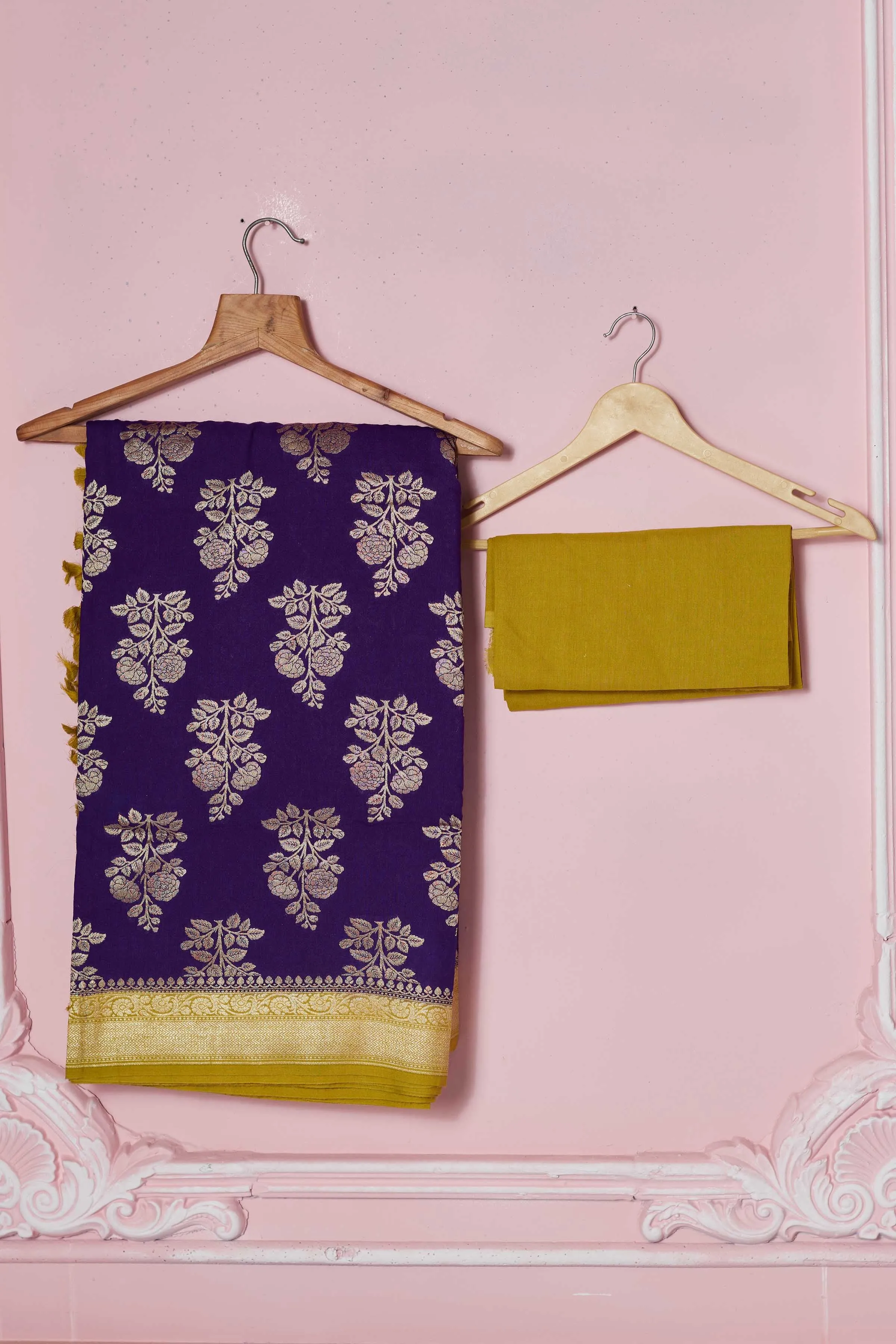 92A255 Purple Banarasi Sari With Floral Zari Motifs And Yellow Border