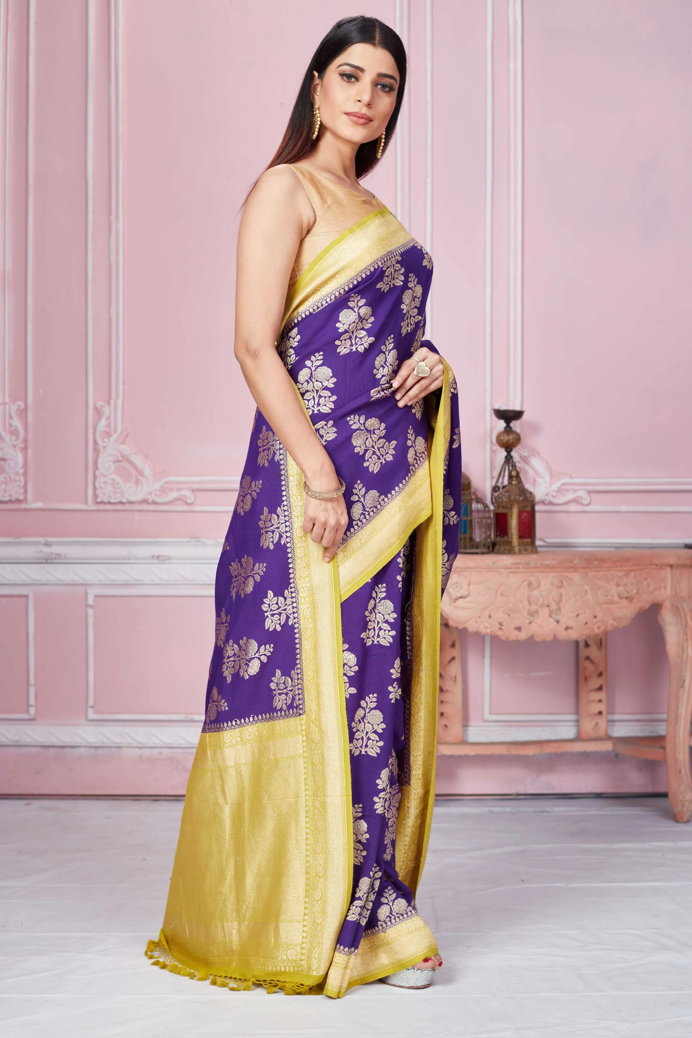 92A255 Purple Banarasi Sari With Floral Zari Motifs And Yellow Border