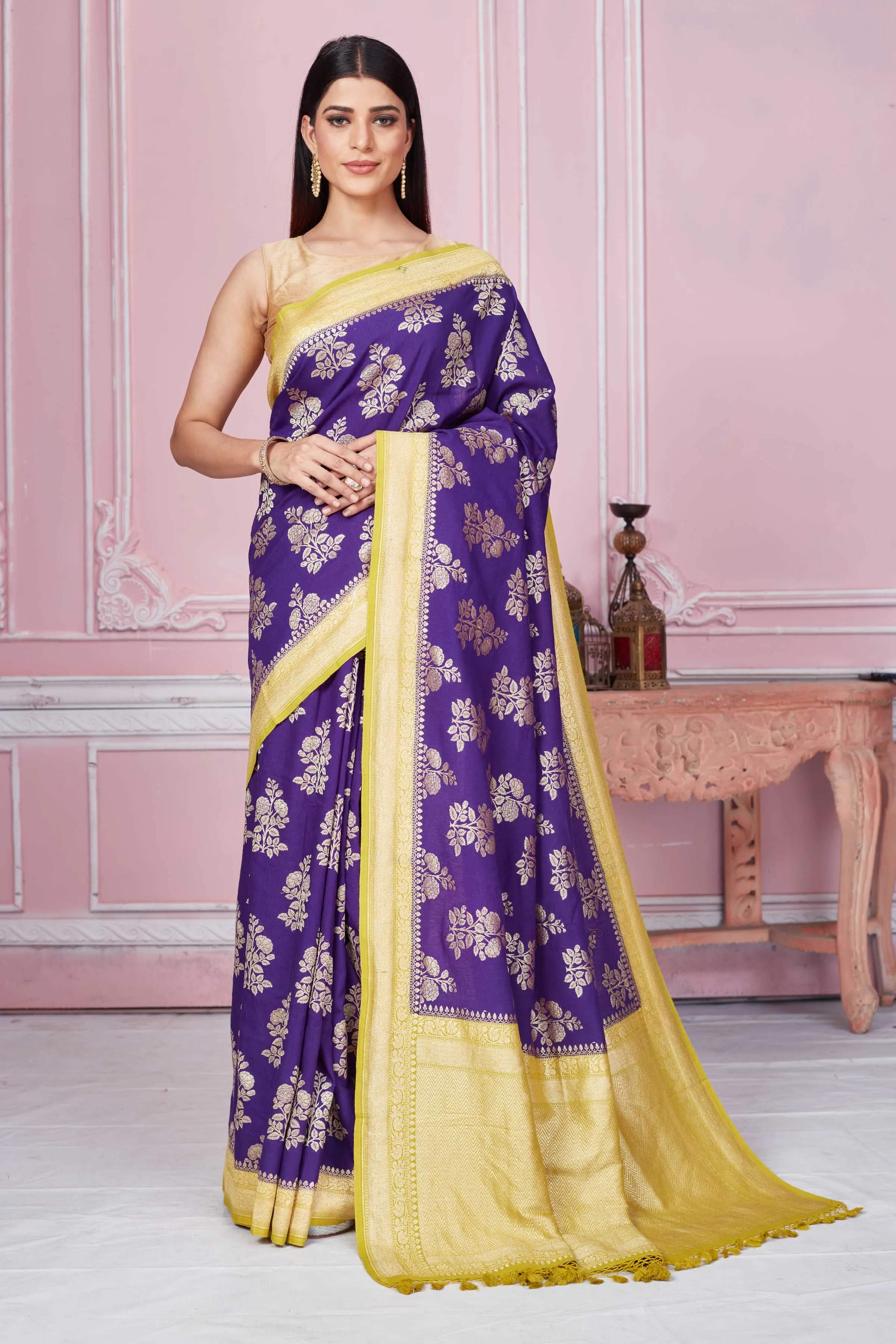 92A255 Purple Banarasi Sari With Floral Zari Motifs And Yellow Border