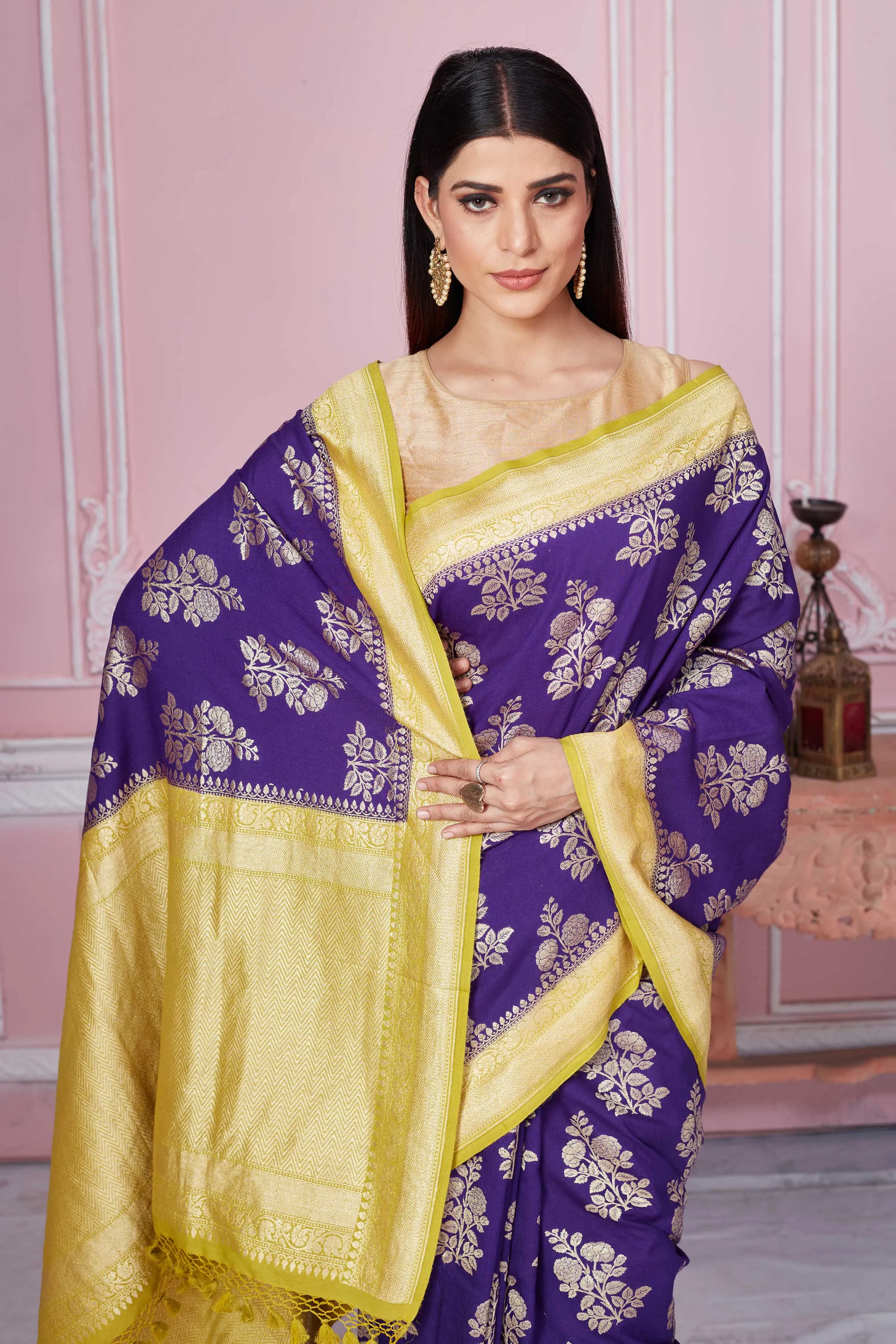 92A255 Purple Banarasi Sari With Floral Zari Motifs And Yellow Border