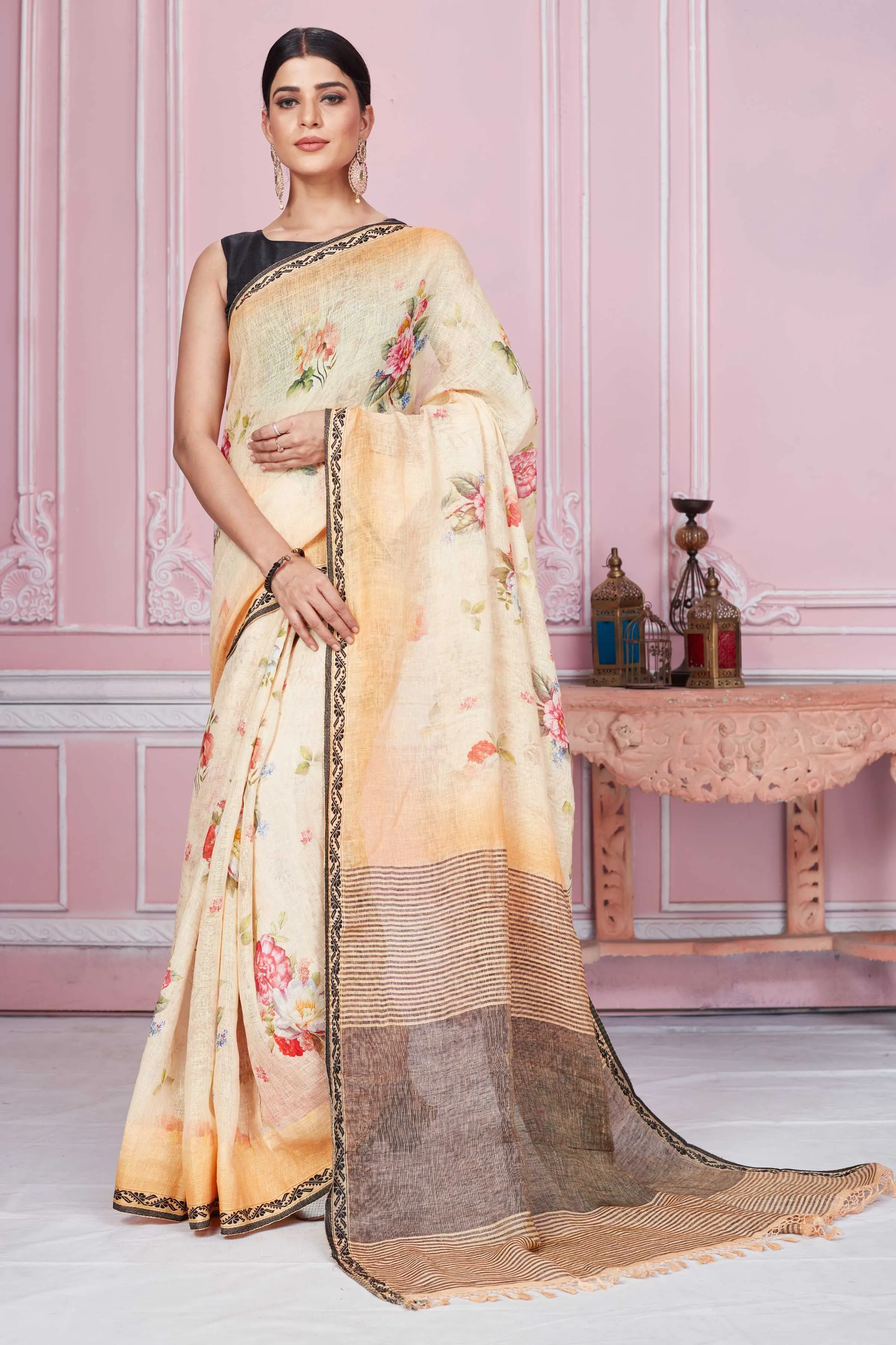 92A281 Peach Floral Print Linen Saree With Striped Pallu