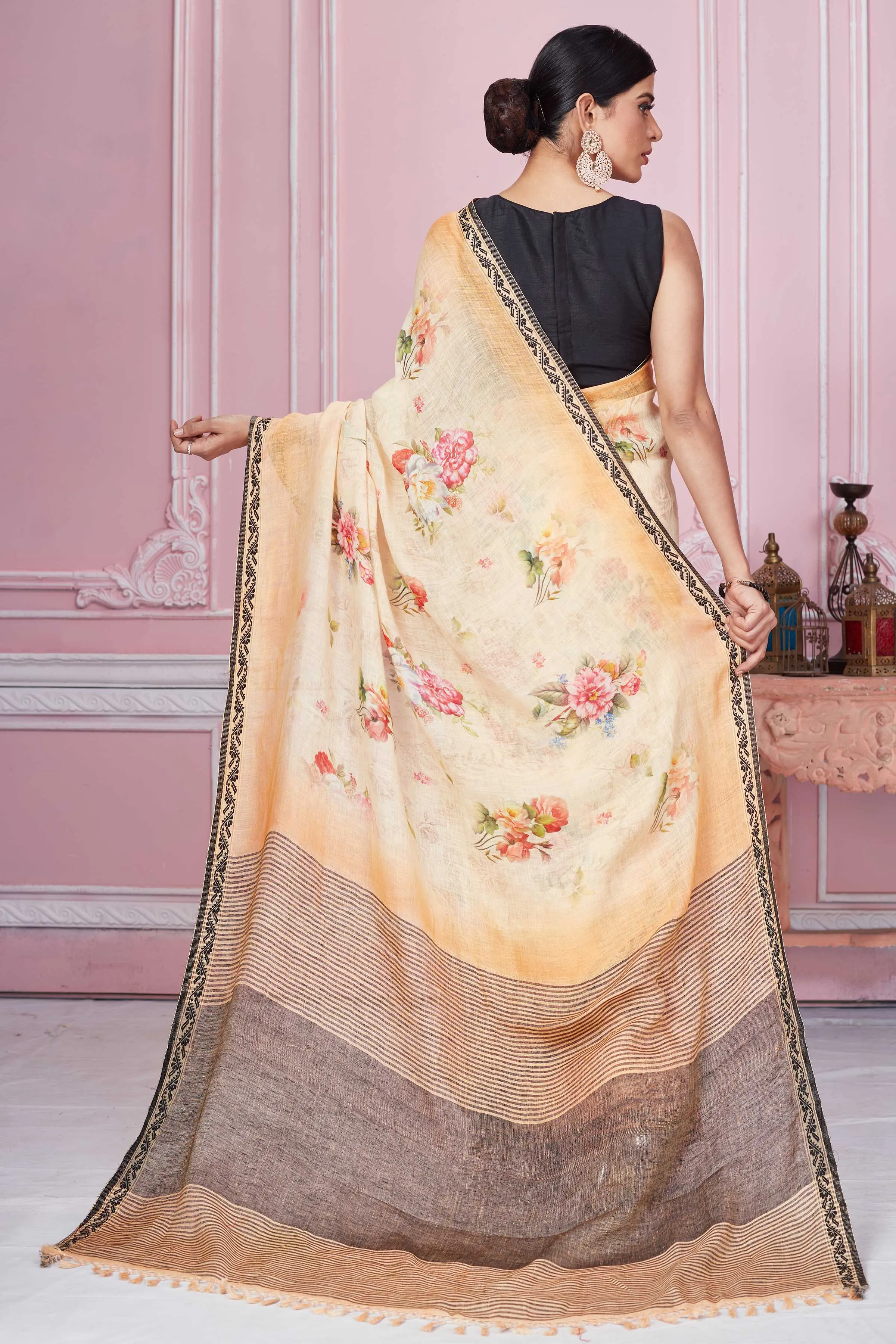 92A281 Peach Floral Print Linen Saree With Striped Pallu