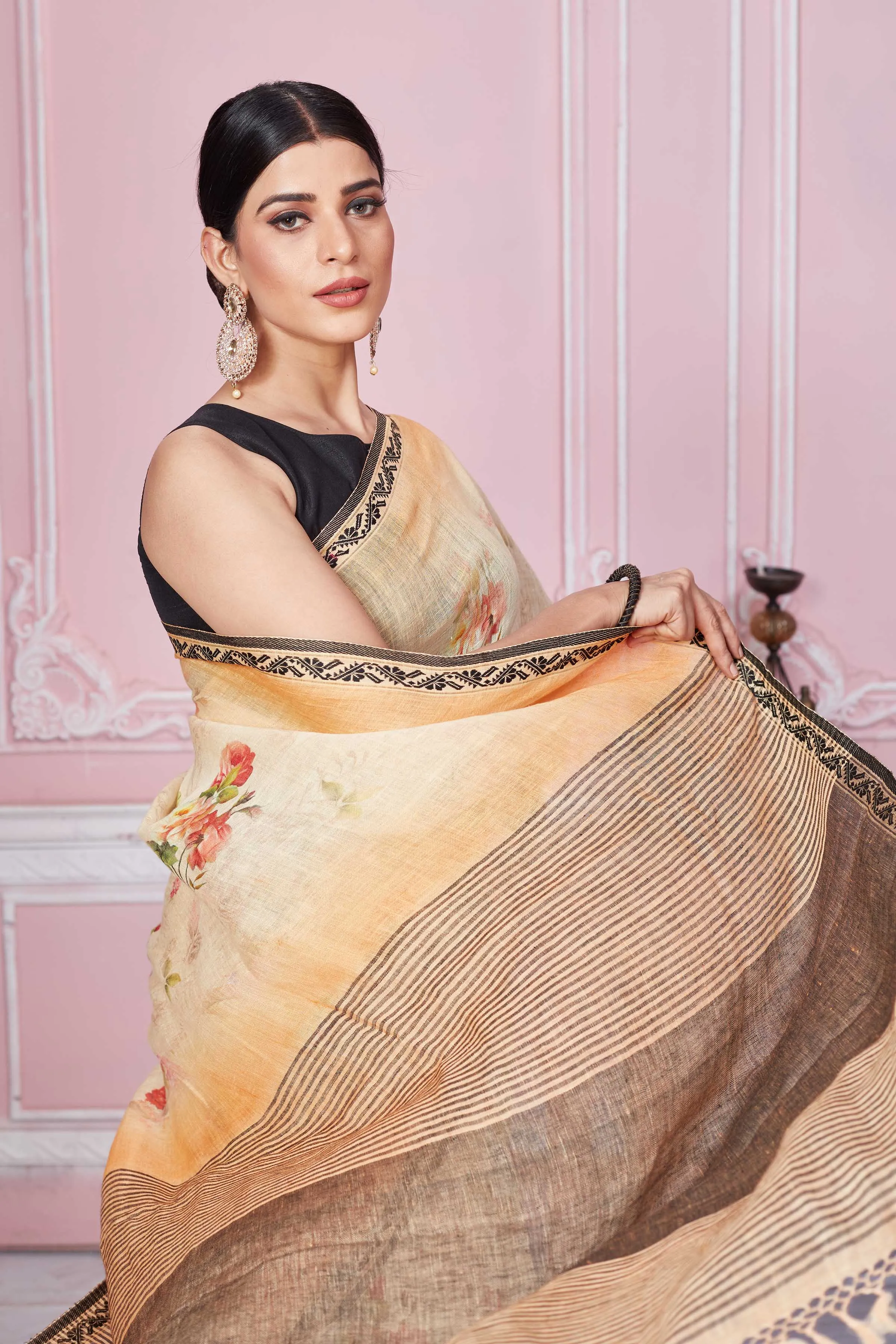 92A281 Peach Floral Print Linen Saree With Striped Pallu