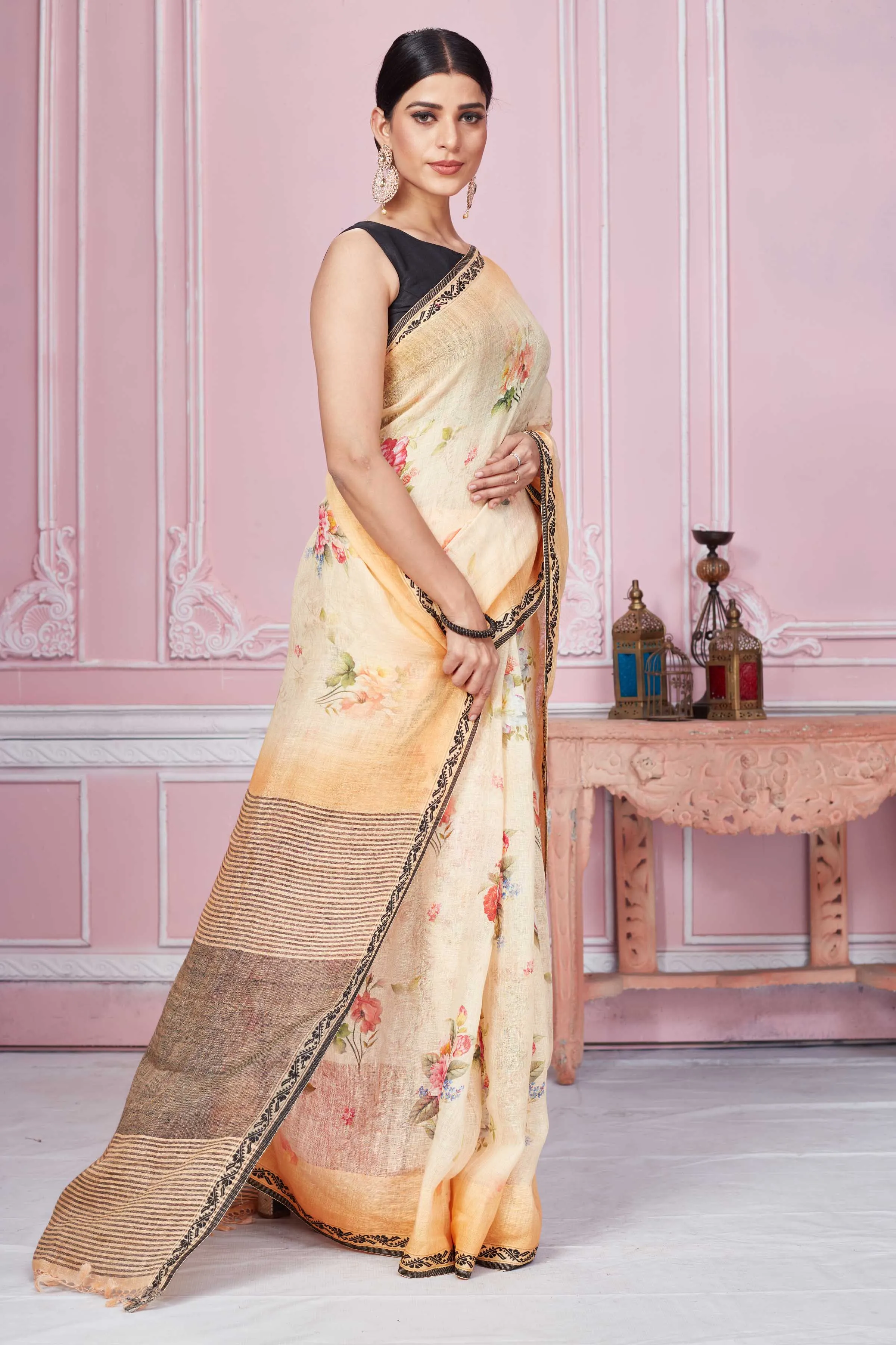 92A281 Peach Floral Print Linen Saree With Striped Pallu