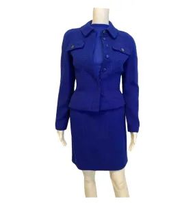 97A, 1997 Fall Vintage Chanel Boutique Royal Blue wool boucle Skirt Suit Jacket Set FR 36 US 2/4