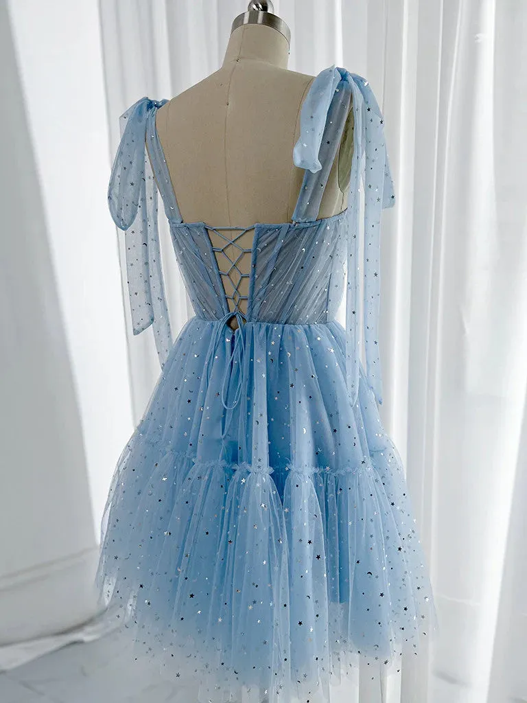 A Line Sweetheart Neck Tulle Blue Short Prom Dresses, Short Blue Homecoming Dresses