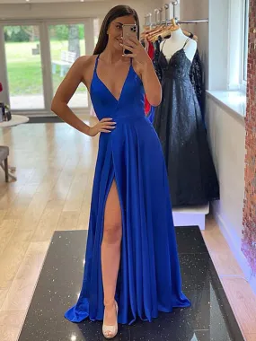 A Line V Neck Light Blue Royal Blue Prom Dresses, Blue Satin Long Formal Graduation Dresses