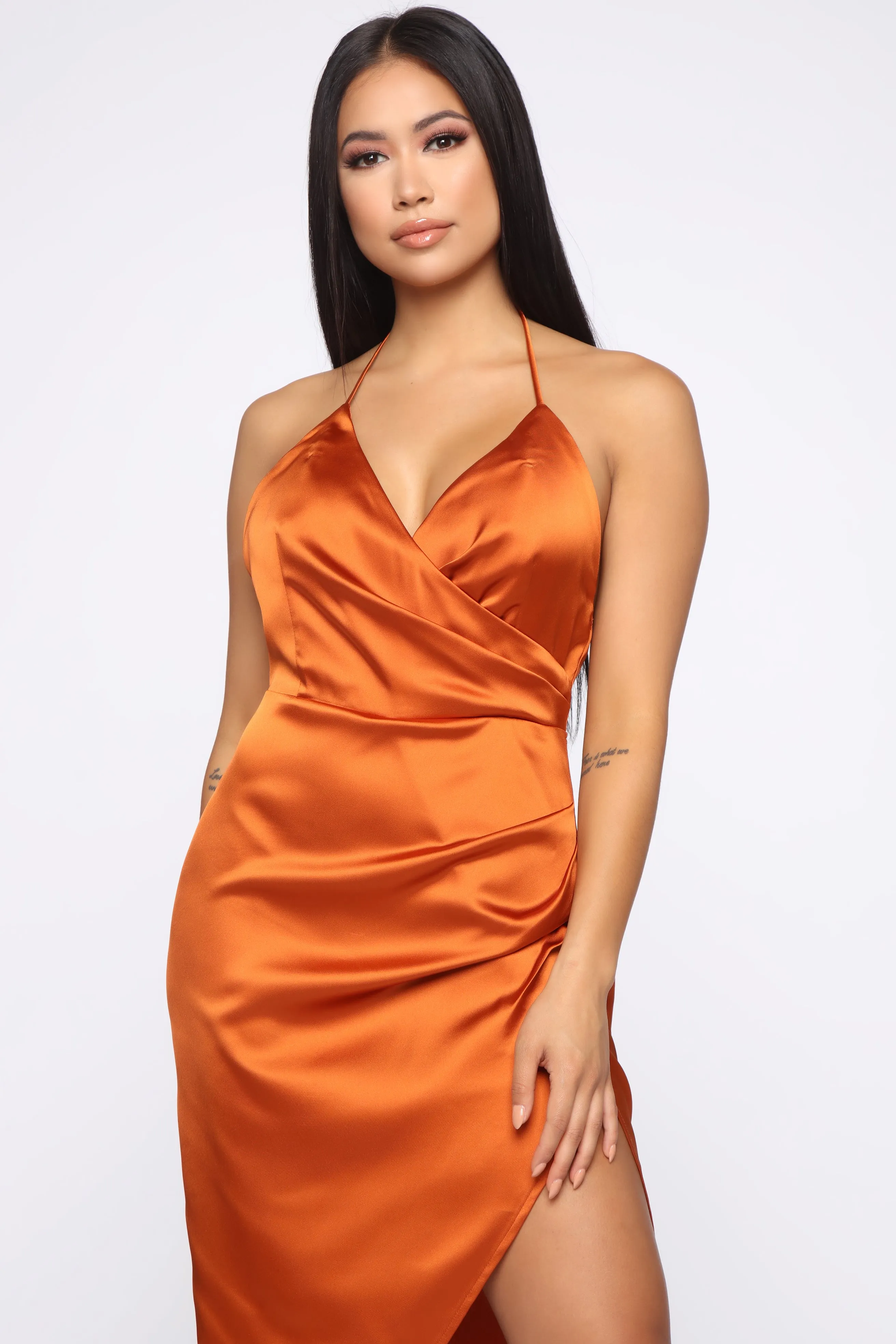 A Little Bit Of Sass Satin Midi Dress - Rust