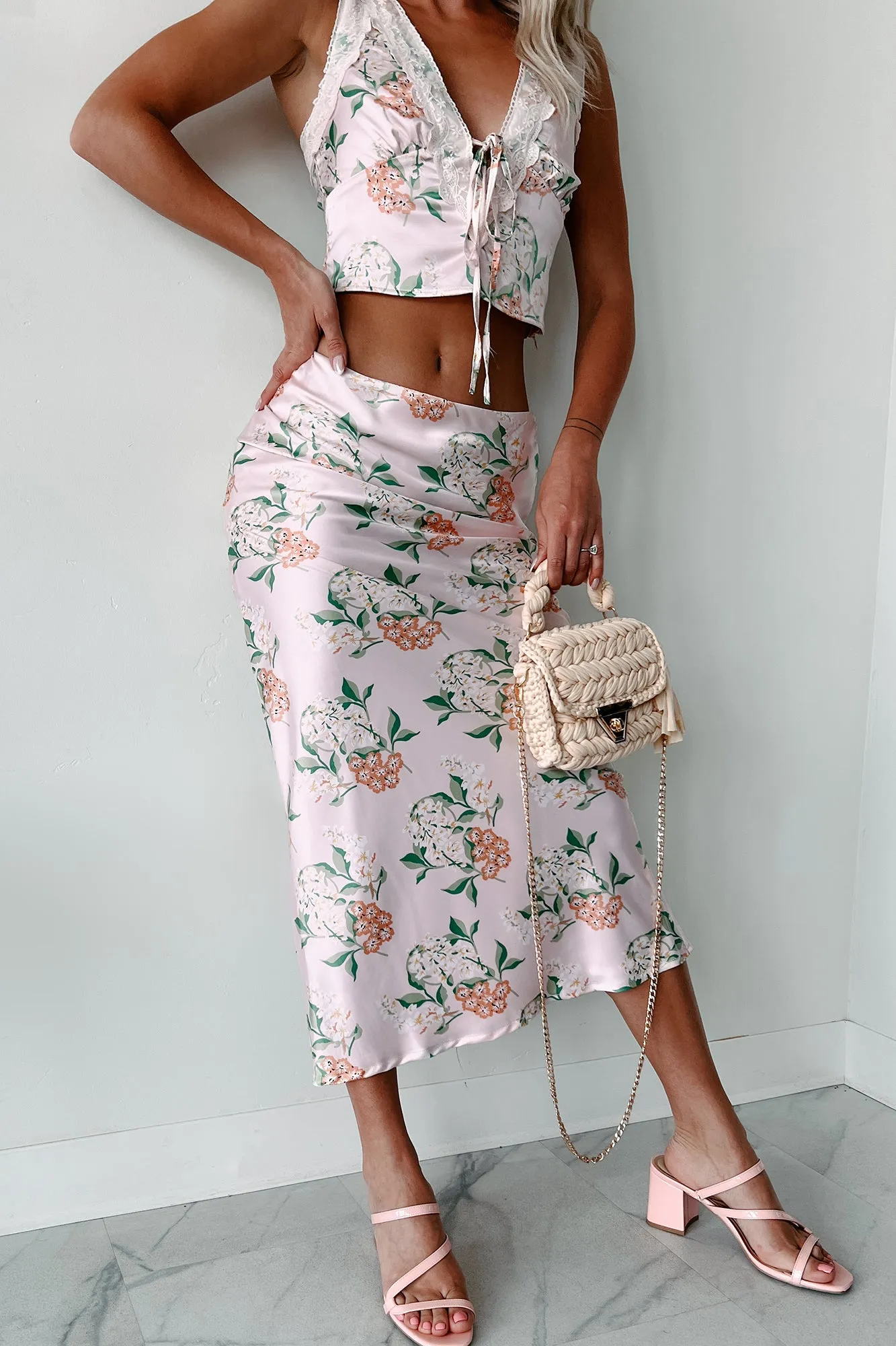 Always Beautiful Floral Satin Skirt (Baby Pink)