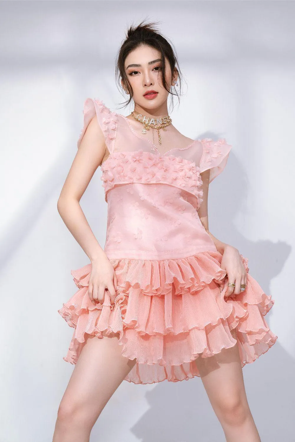 Anita Drop Waist V-Neck Organza Mini Dress