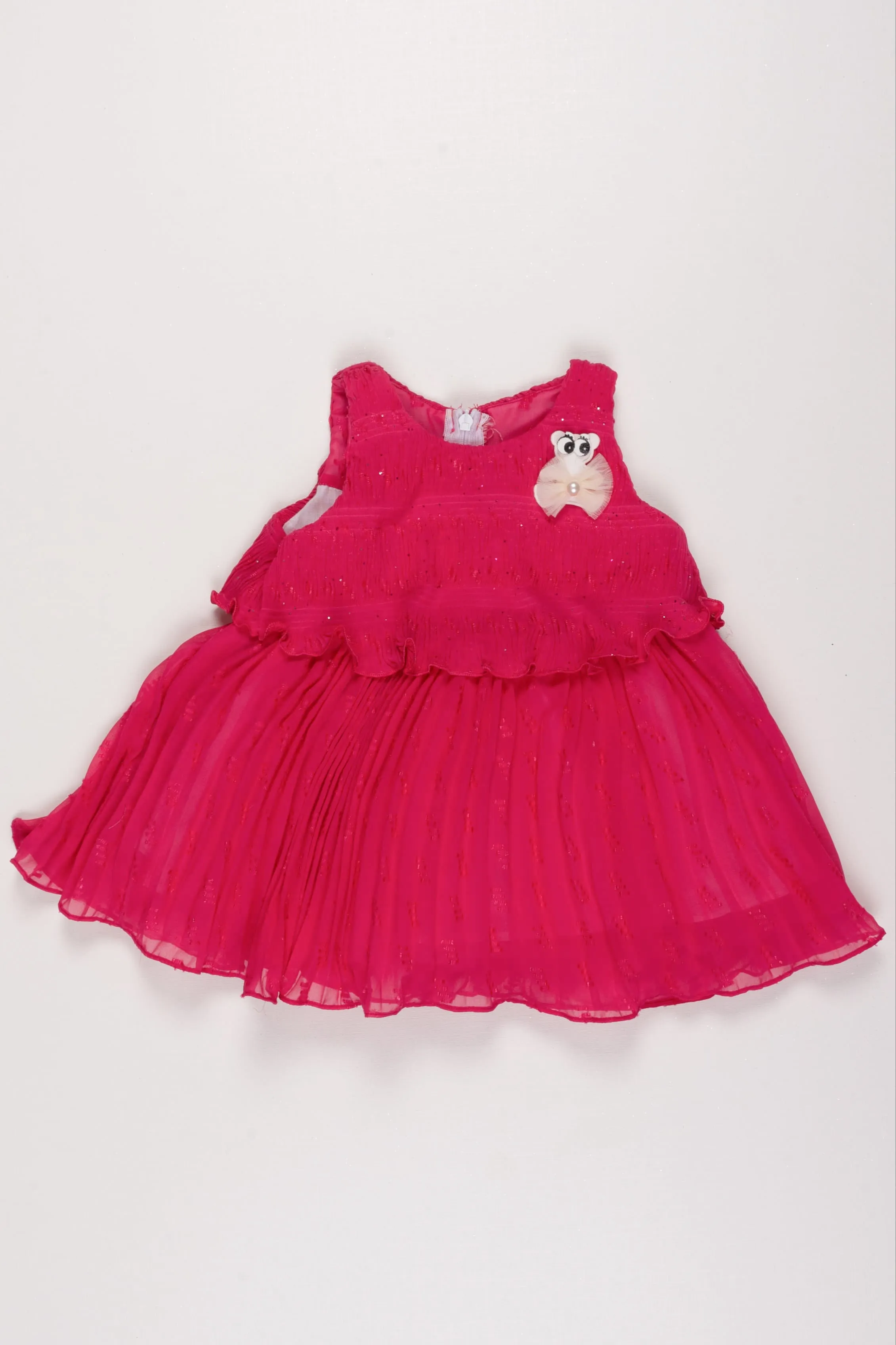 Baby Girl's Deep Pink Baby Frock with Sparkling Sequin Detail and Ruffled Hem