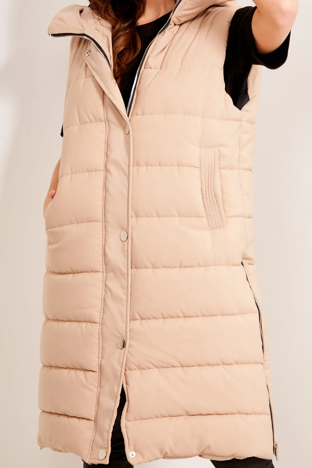 Beige Padded Longline Hooded Gilet