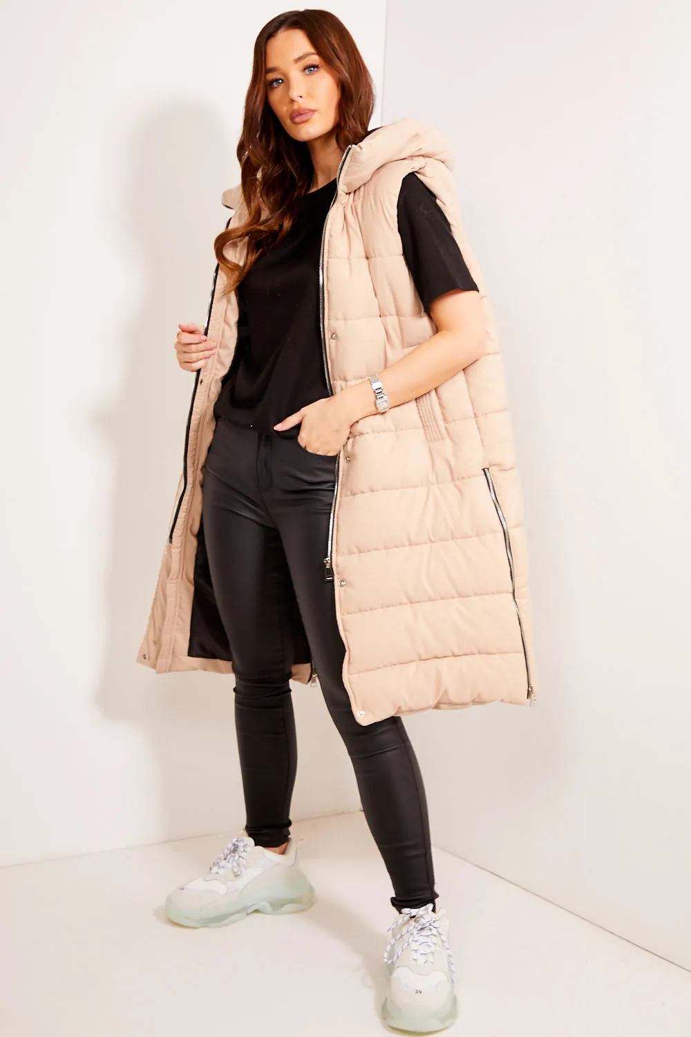 Beige Padded Longline Hooded Gilet