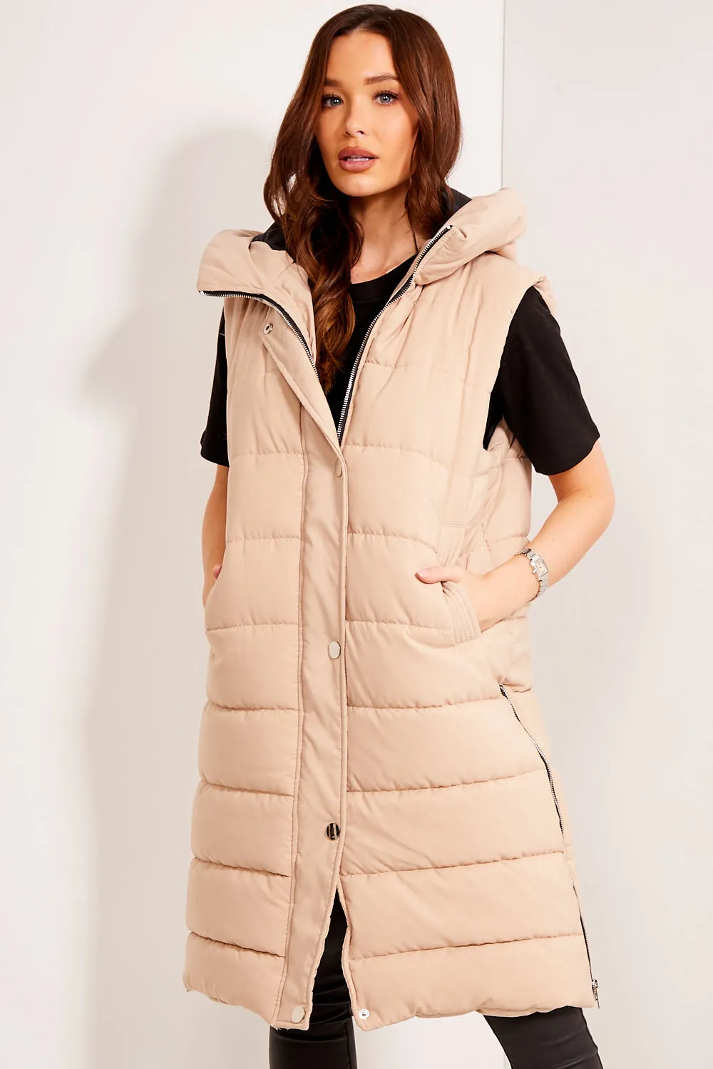 Beige Padded Longline Hooded Gilet