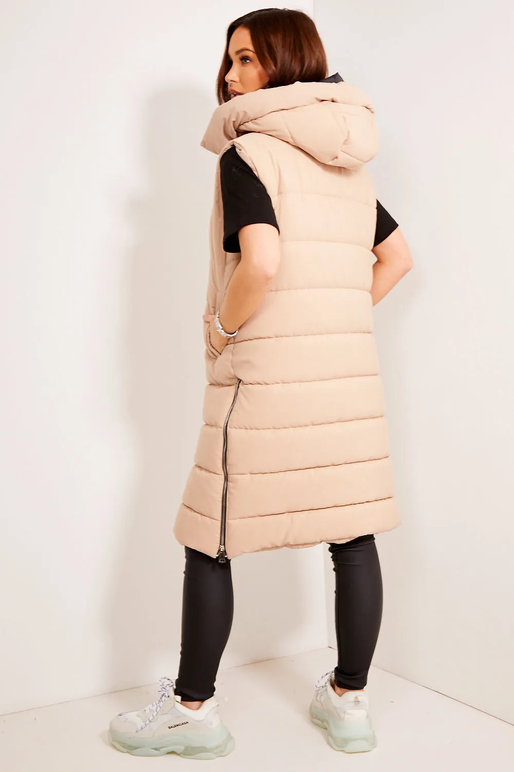 Beige Padded Longline Hooded Gilet