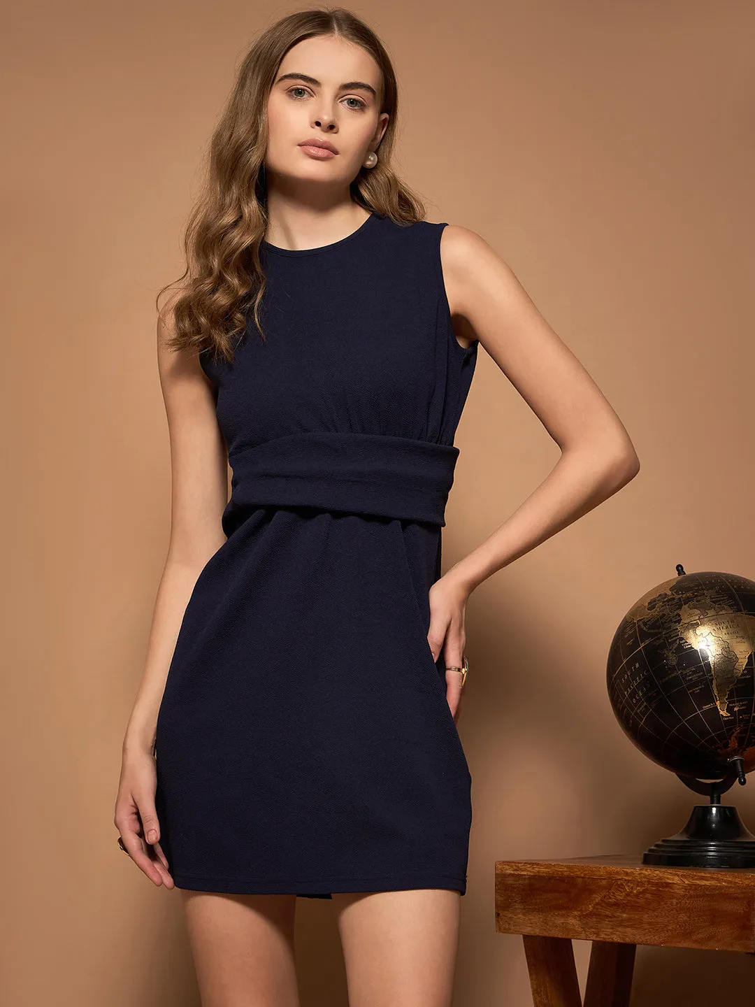 Berrylush Bizwear Women Navy Blue Round Neck Solid Bodycon Mini Dress