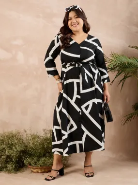 Berrylush Curve Women Black Geometrical Print V-Neck A-Line Belted Dress