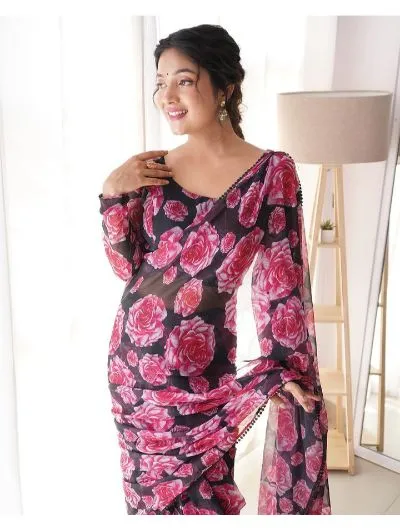 Black Floral 1 Minute Saree UK NEXT DAY