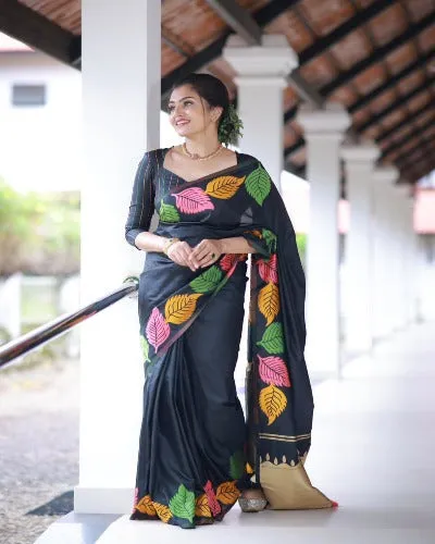 Black Leaf Print Soft Litchi Silk Exclusive Saree