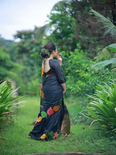 Black Leaf Print Soft Litchi Silk Exclusive Saree