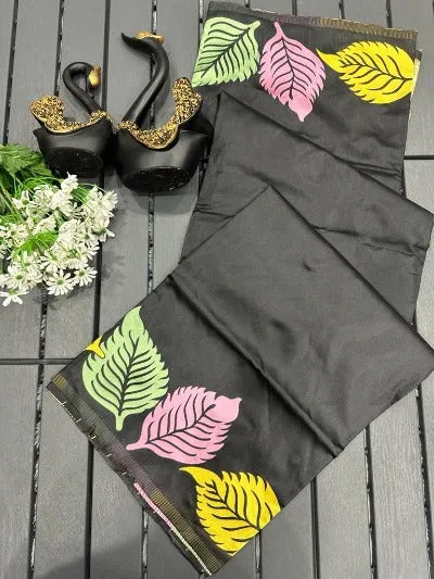 Black Leaf Print Soft Litchi Silk Exclusive Saree