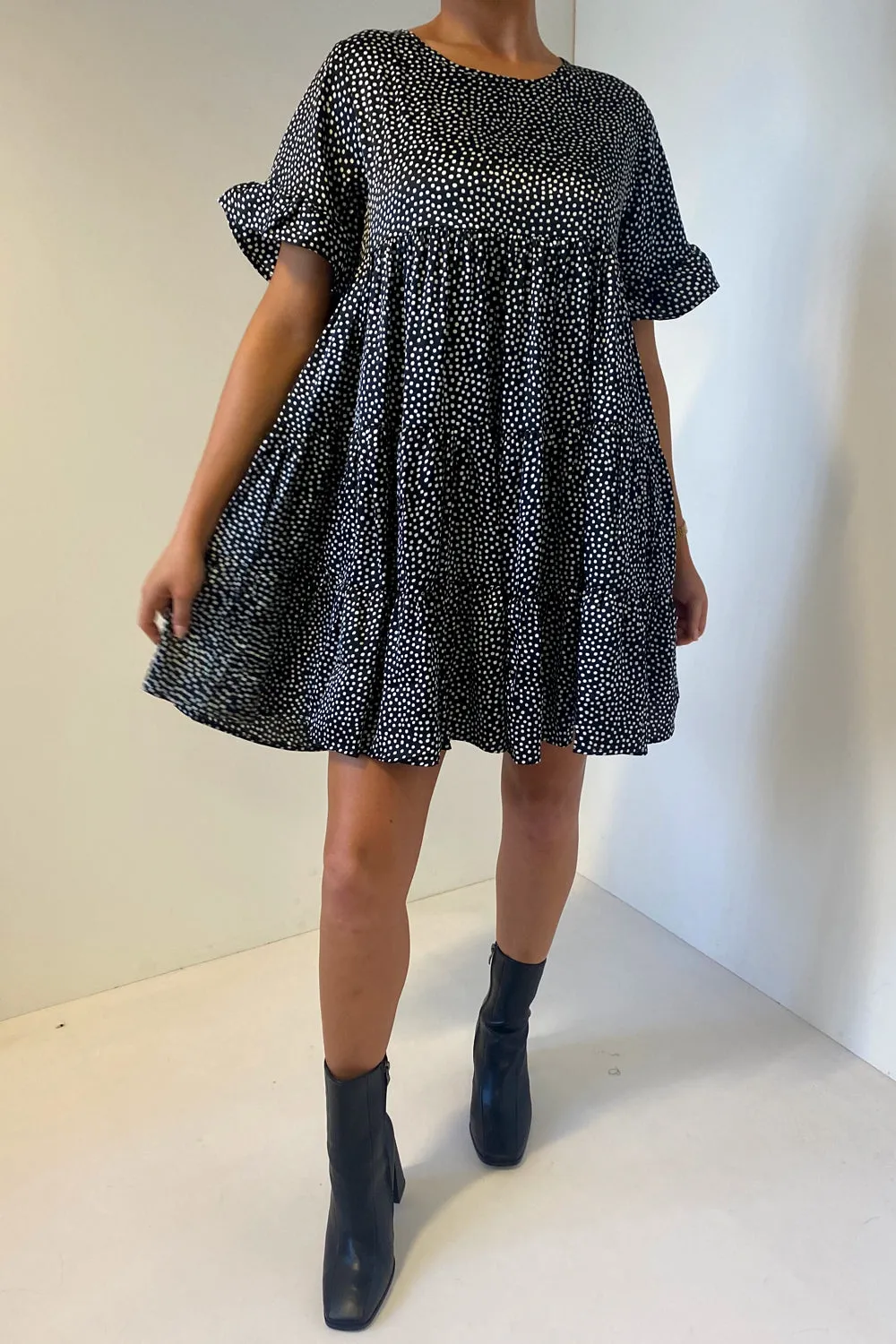 Black Polka Dot Tiered Frill Smock Dress