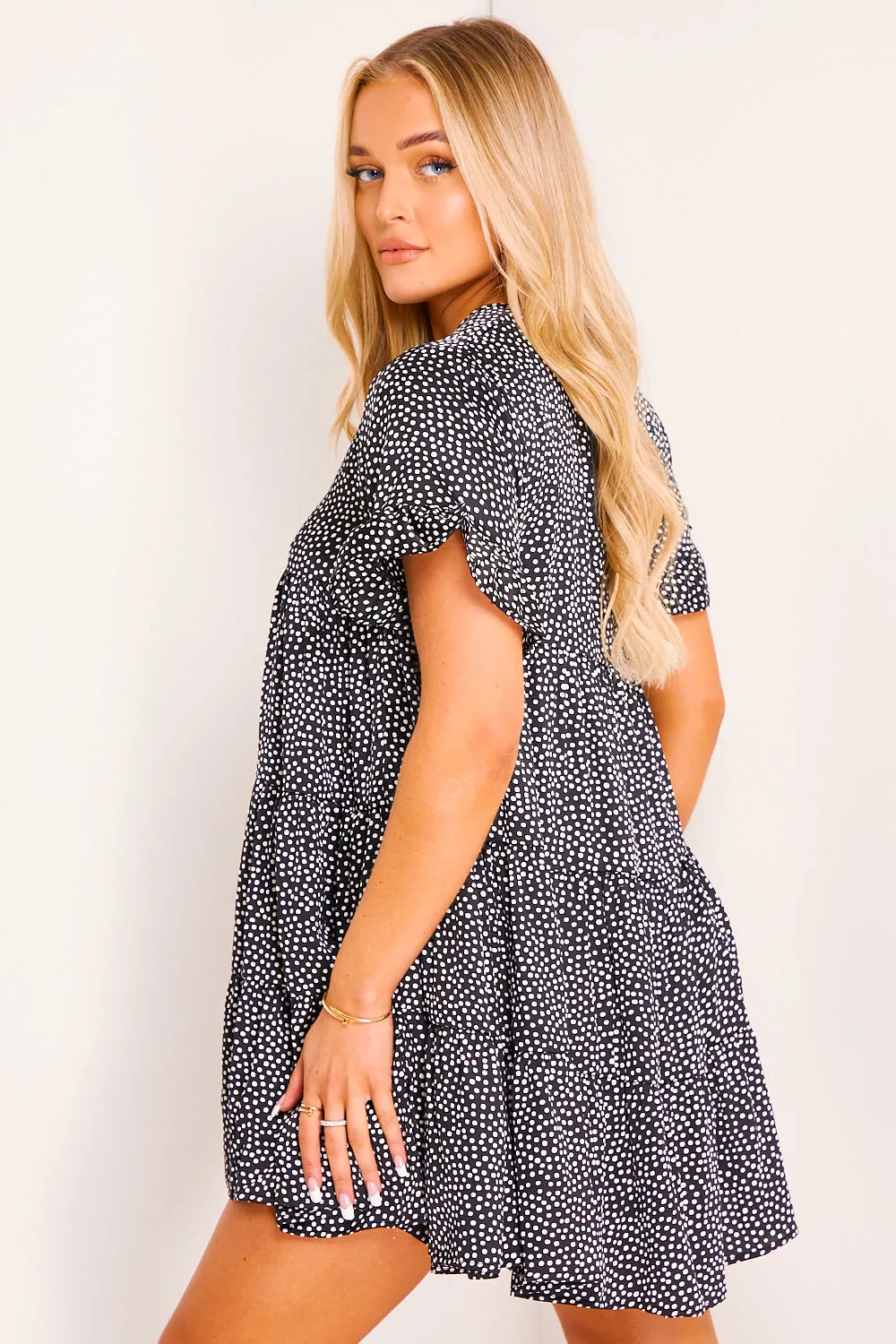 Black Polka Dot Tiered Frill Smock Dress