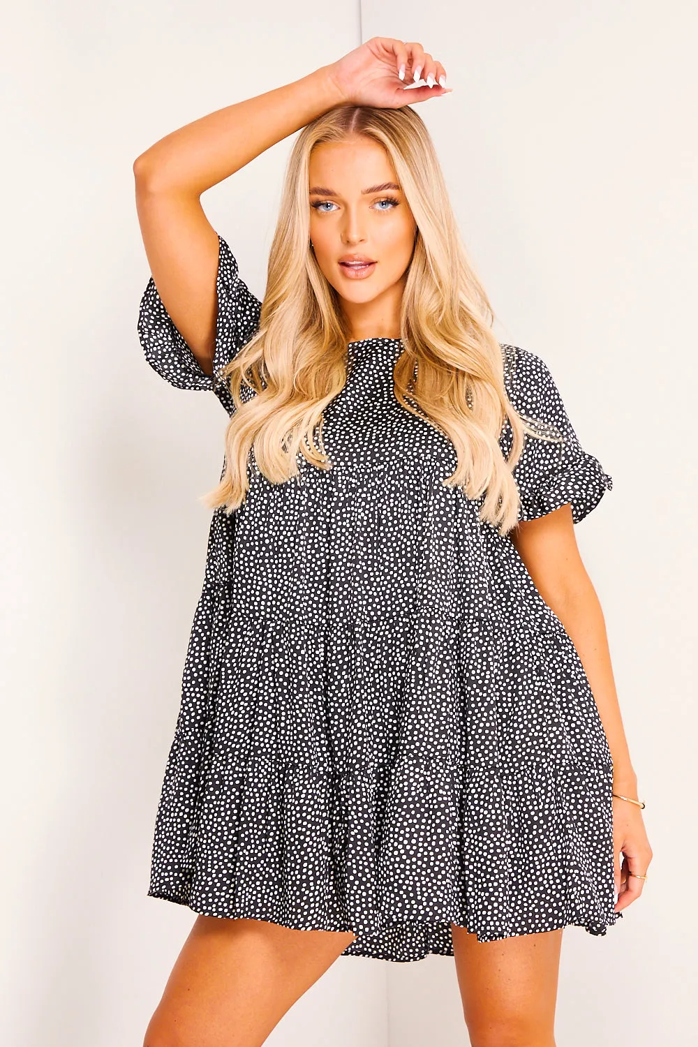 Black Polka Dot Tiered Frill Smock Dress