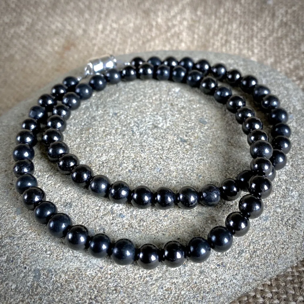 Black Shungite 6mm Round Bead Necklace, 18 Inches, Short, Unisex