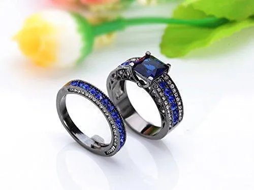 Black Stainless Steel 2Pcs Princess Cut Simulated Sapphire Wedding Ring Set Blue Cubic Zirconia