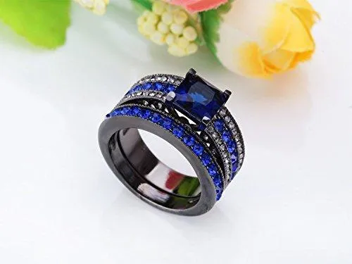 Black Stainless Steel 2Pcs Princess Cut Simulated Sapphire Wedding Ring Set Blue Cubic Zirconia