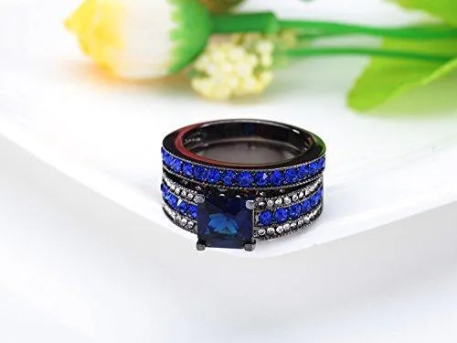 Black Stainless Steel 2Pcs Princess Cut Simulated Sapphire Wedding Ring Set Blue Cubic Zirconia