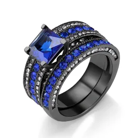 Black Stainless Steel 2Pcs Princess Cut Simulated Sapphire Wedding Ring Set Blue Cubic Zirconia