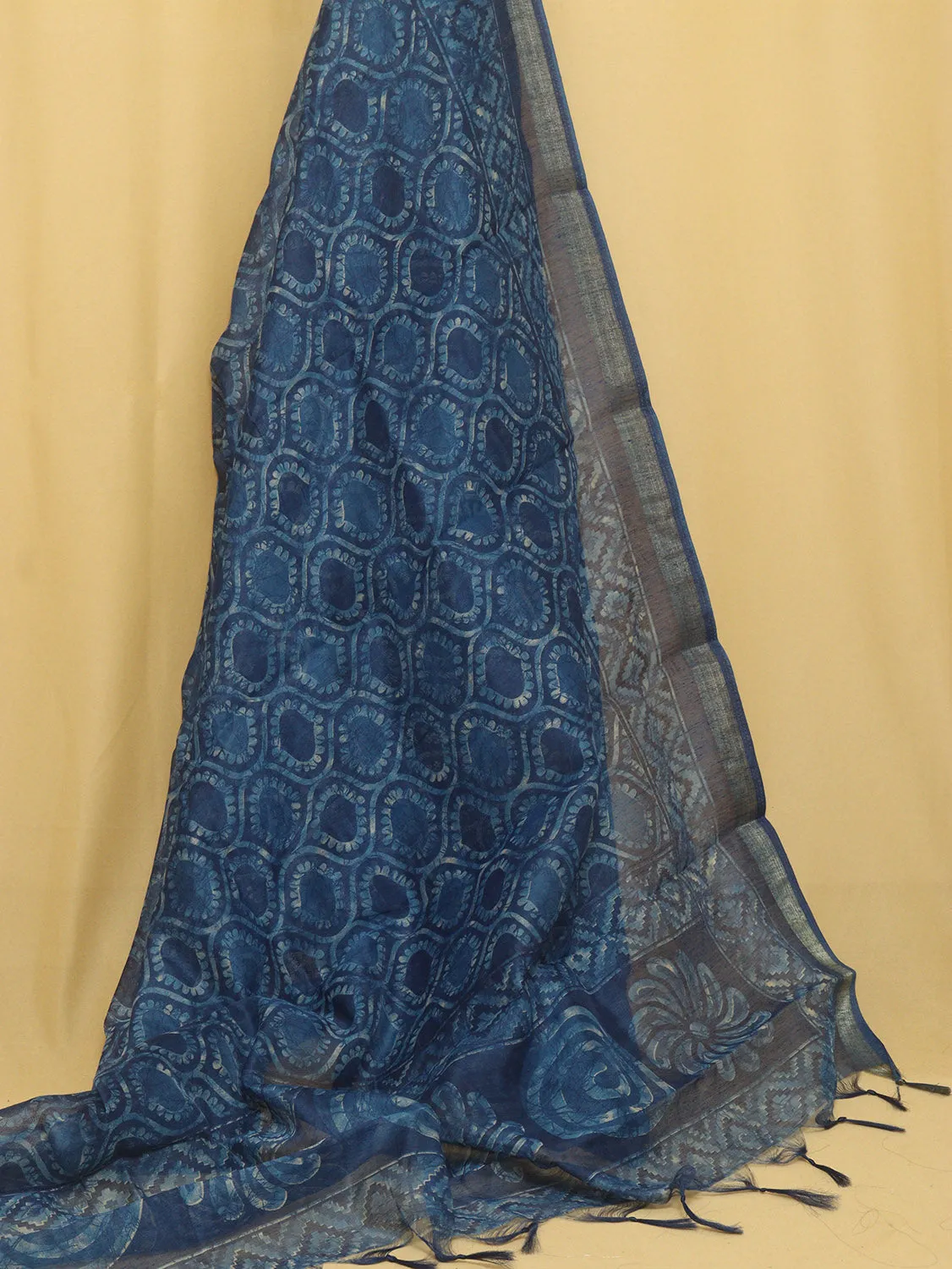 Block Printed Blue Chanderi Silk Dupatta - Stylish Accessory