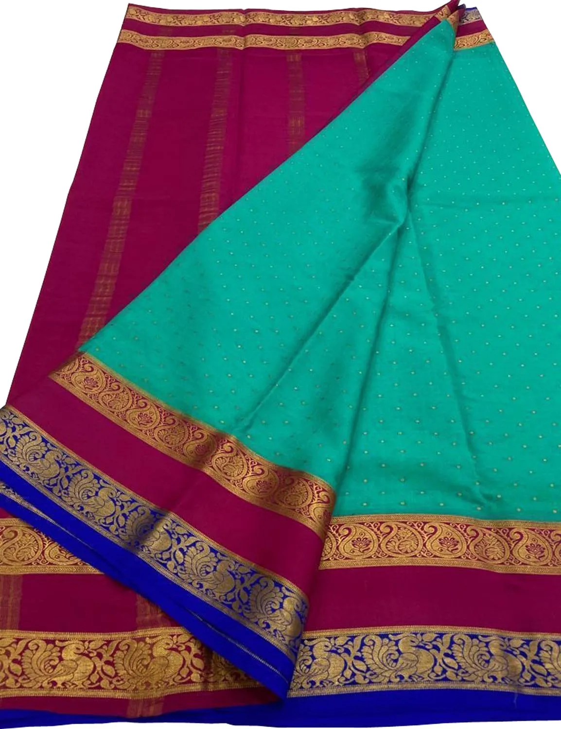 Blue & Pink Mysore Crepe Silk Saree - Handloom Beauty