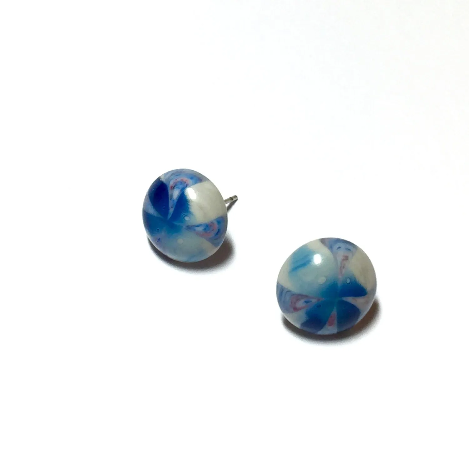 Blue and Grey Sky Burst Retro Button Stud Earrings