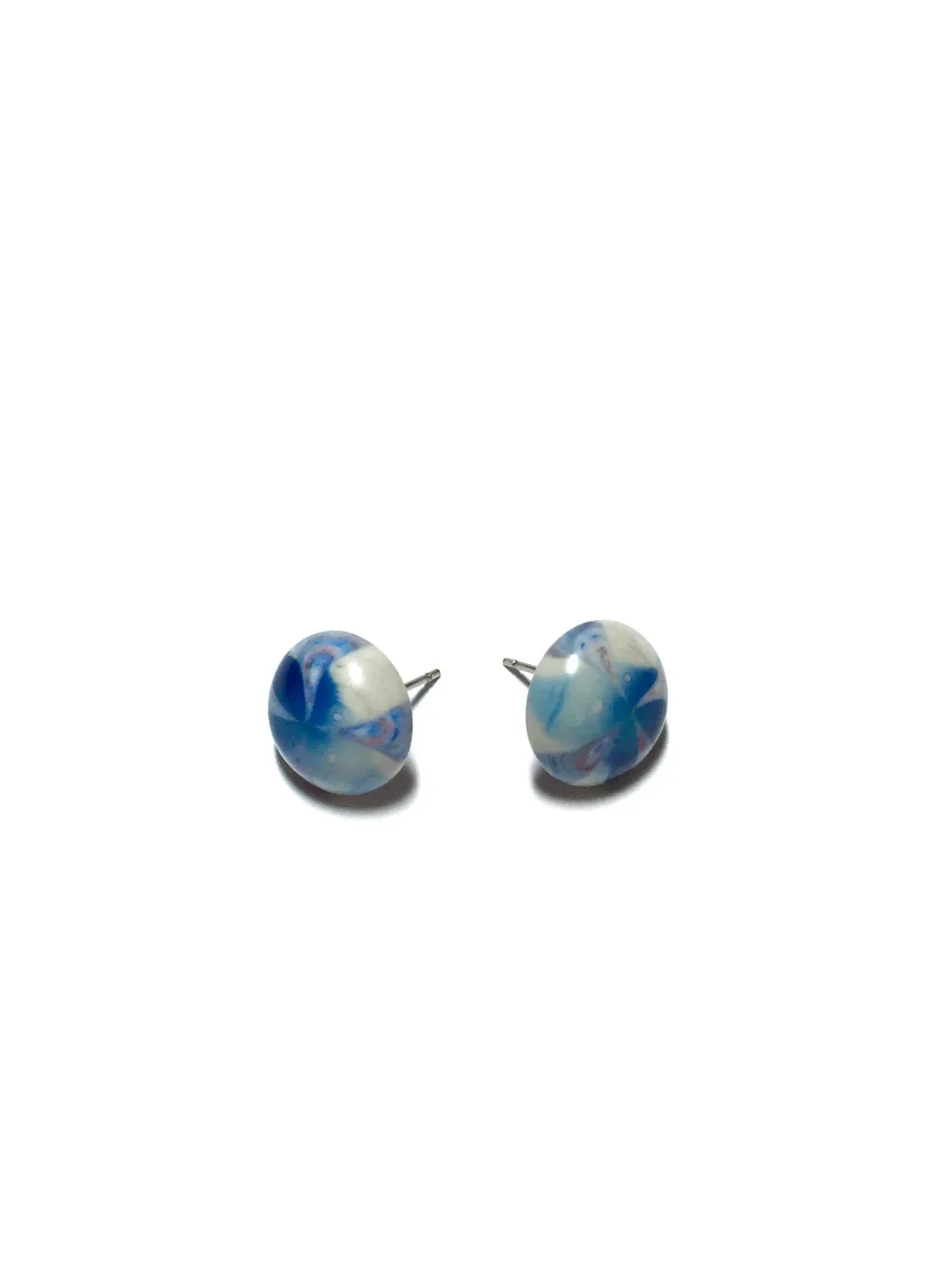 Blue and Grey Sky Burst Retro Button Stud Earrings