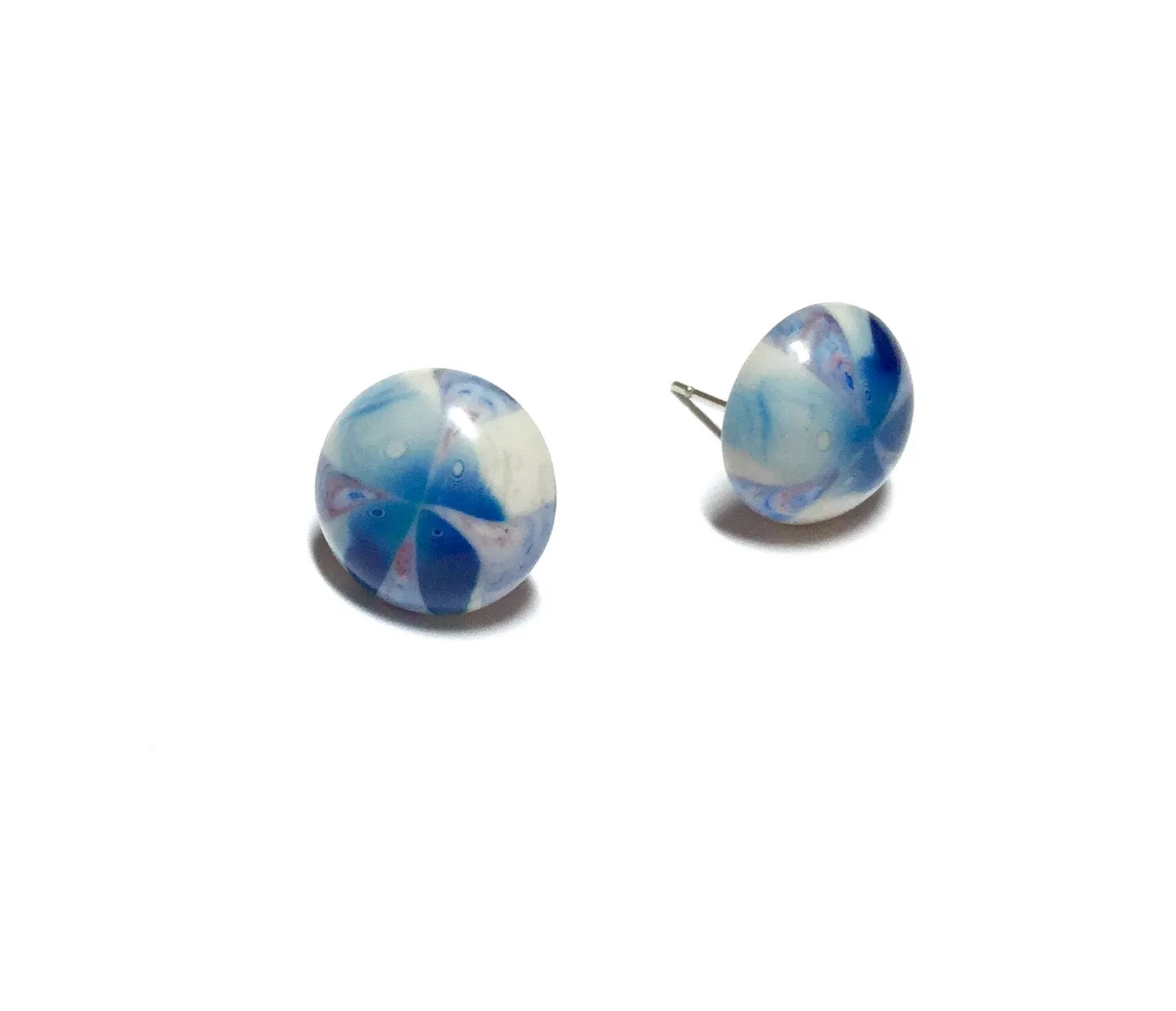 Blue and Grey Sky Burst Retro Button Stud Earrings