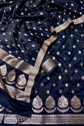 Blue Banarasi Satin Silk Unstitched Suit Set: Elegant Ethnic Attire for Every Occasion