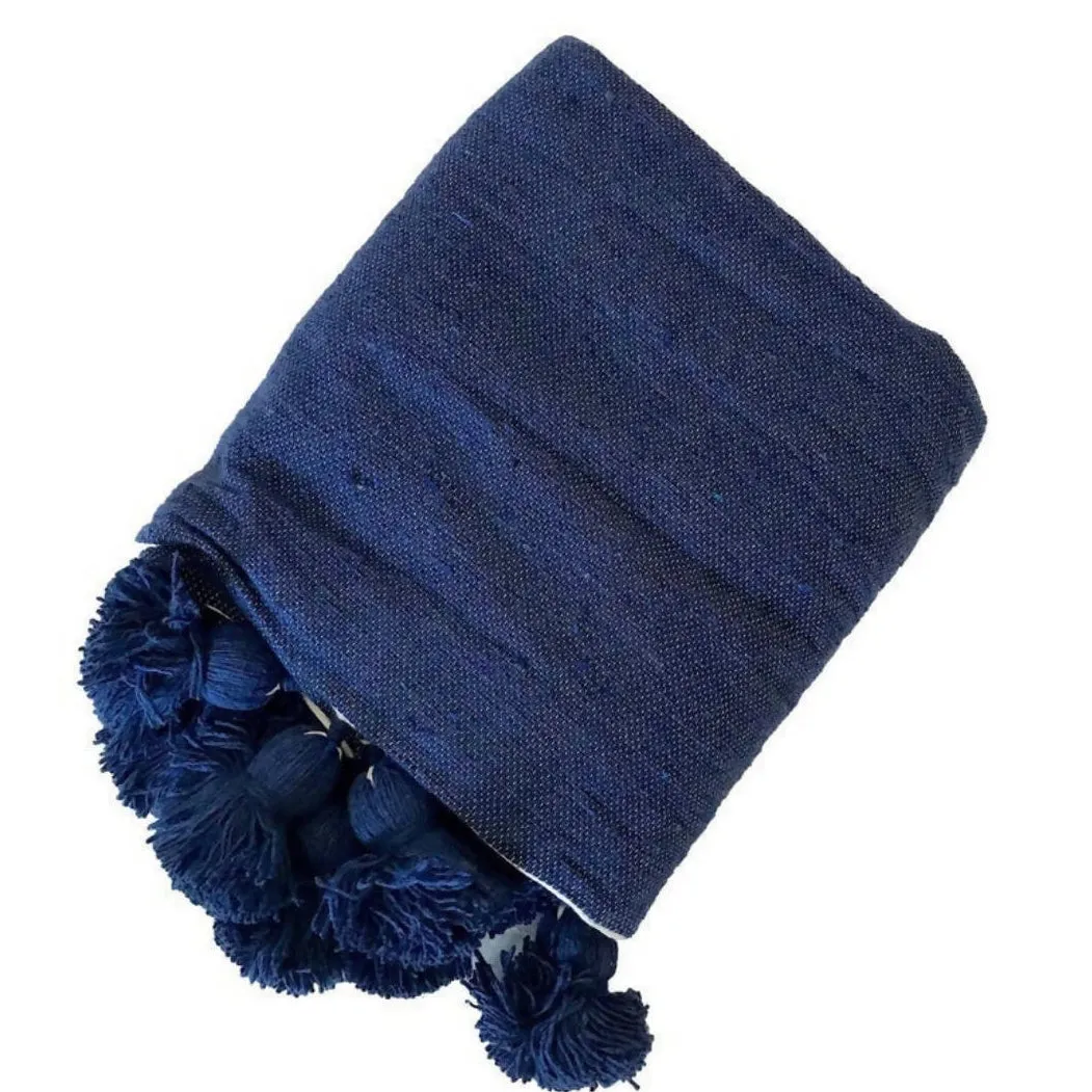 Blue Cotton Blanket, Blue POMPOMS